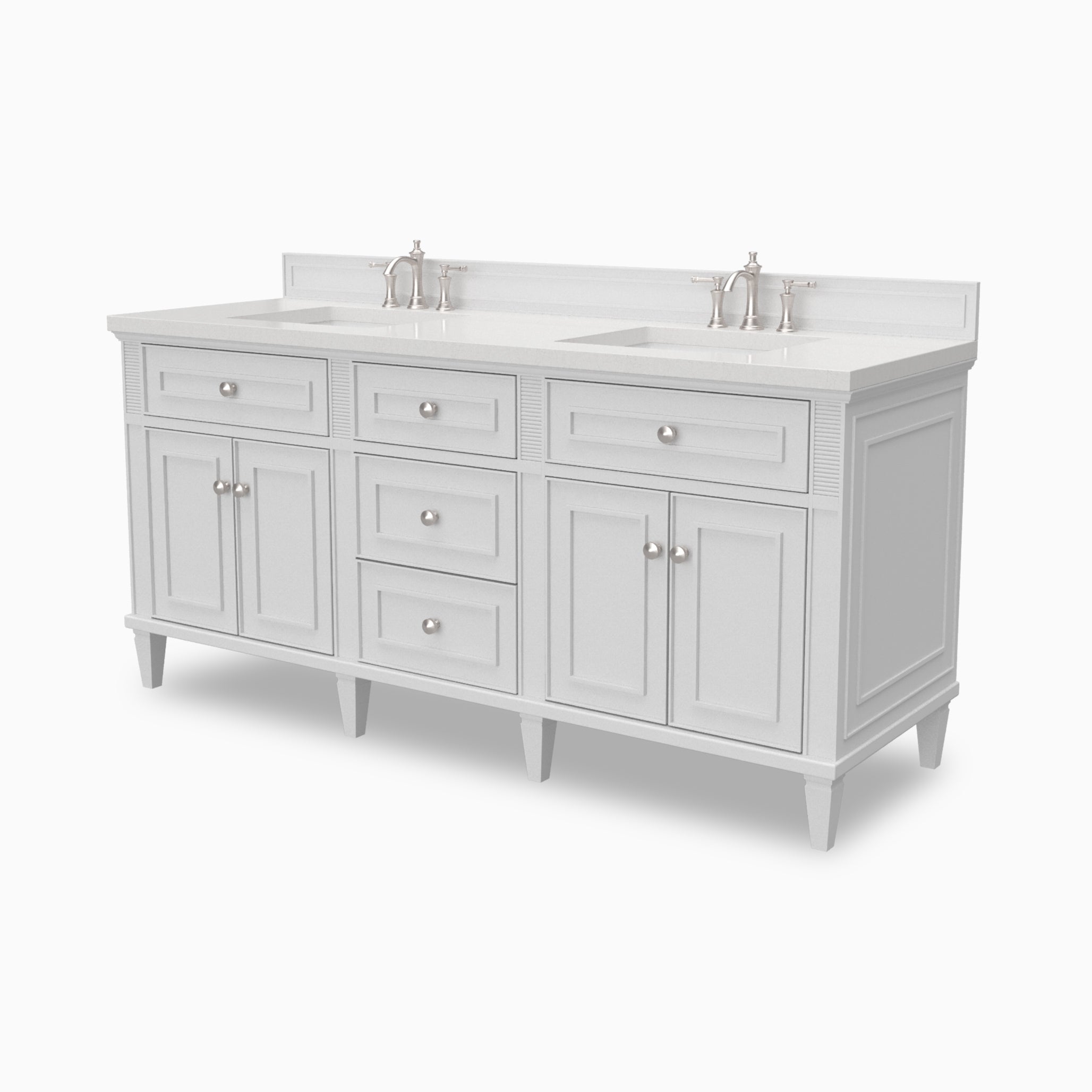 Elodie 72-inch double bathroom vanity in bright white with Eternal Jasmine Pearl quartz countertop and chrome faucets.