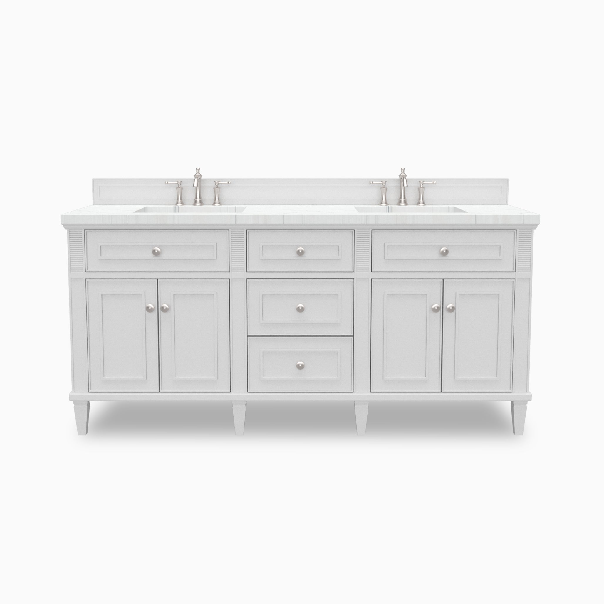 Elodie 72-inch double bathroom vanity in bright white with Ethereal Noctis quartz countertop and chrome faucets.