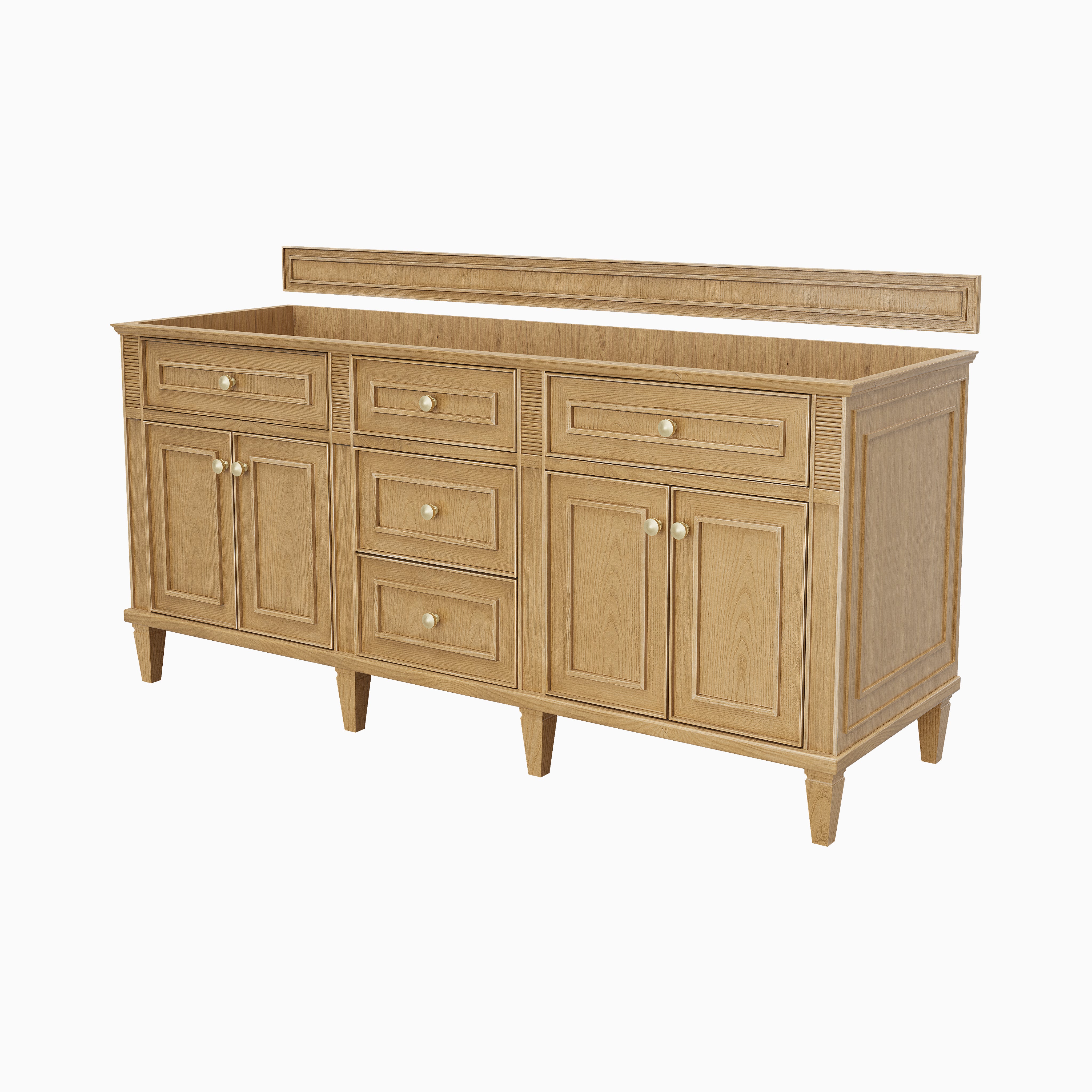 Elodie 72-inch double vanity cabinet in light natural oak with paneled doors, drawers, and integrated backsplash frame.
