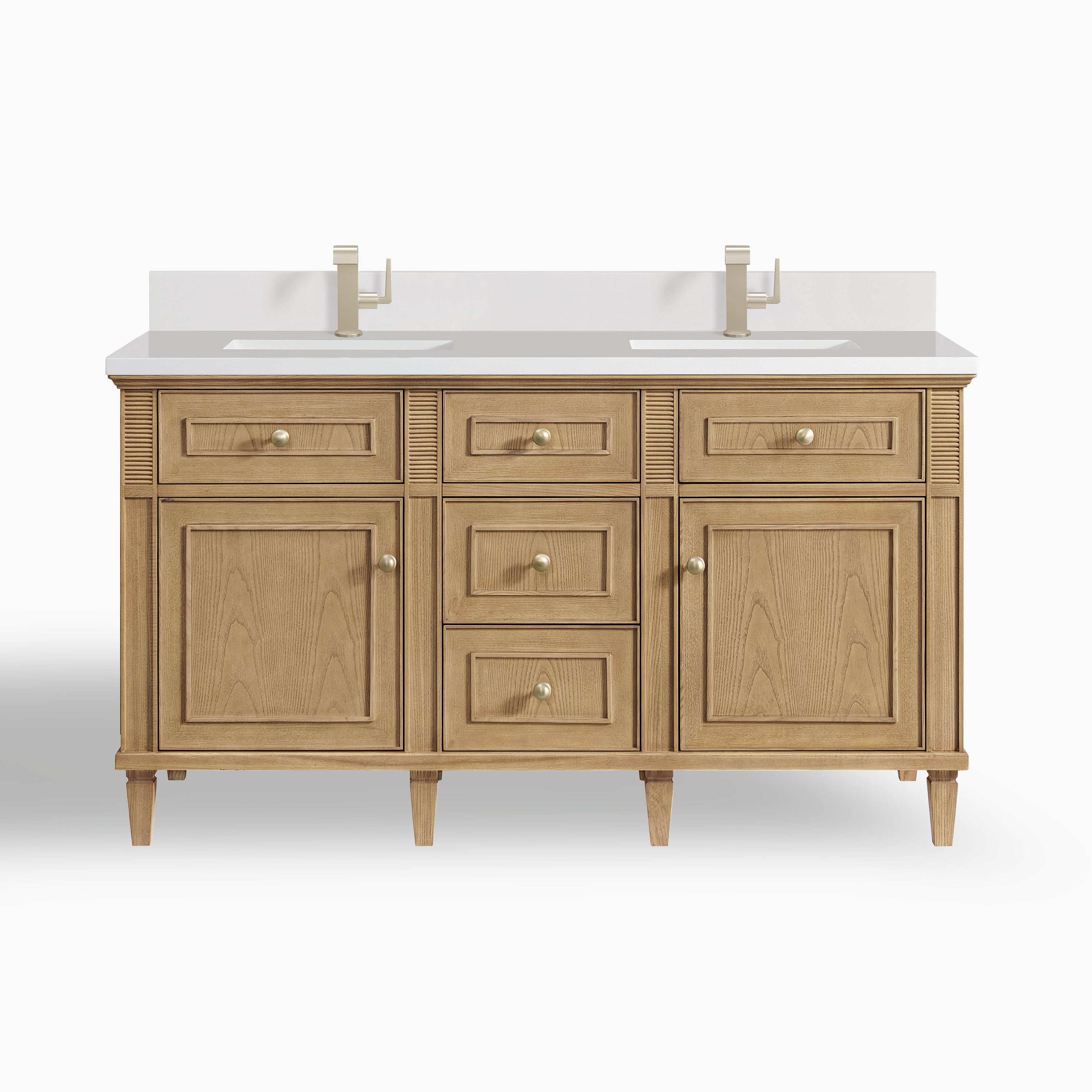 Elodie 60" Double Vanity in Light Natural Oak with Single Hole 3 cm White Zeus Quartz Top & Backsplash