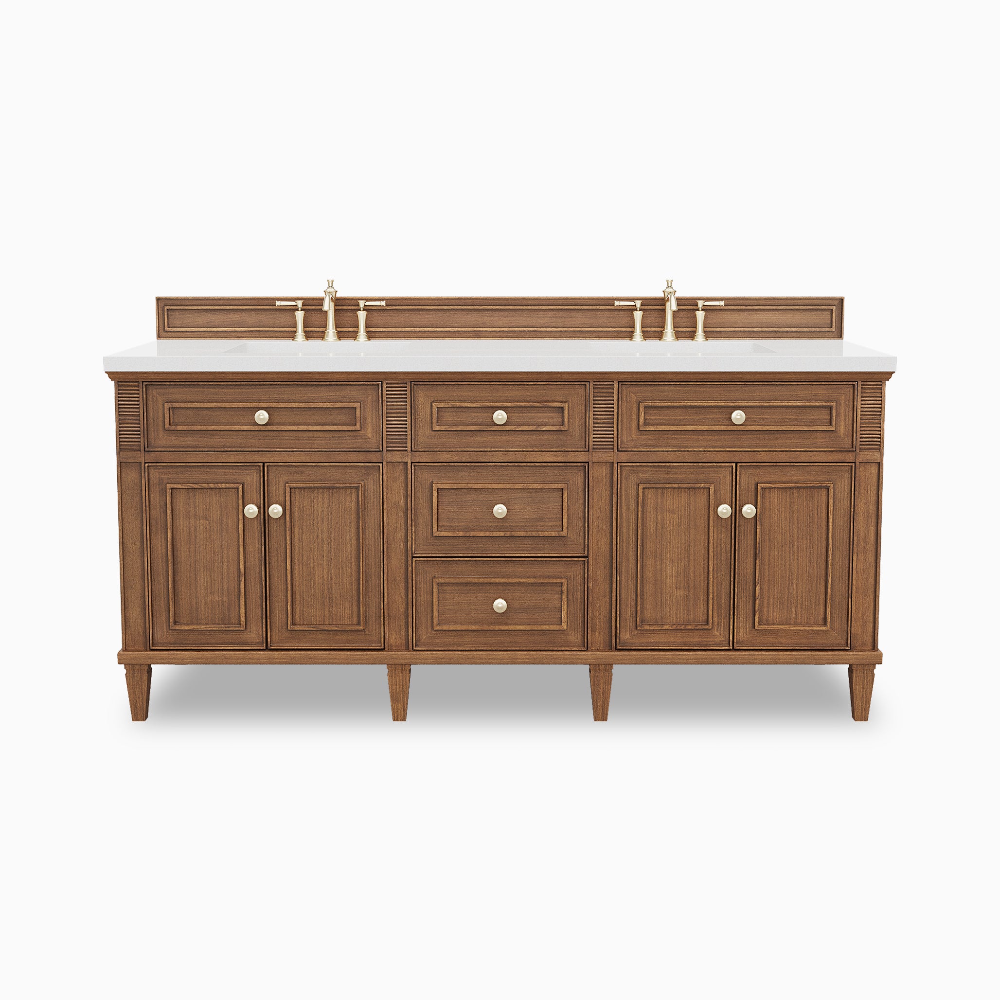 Elodie 72-inch double bathroom vanity in mid-century walnut with Eternal Jasmine Pearl quartz countertop and brass faucets.