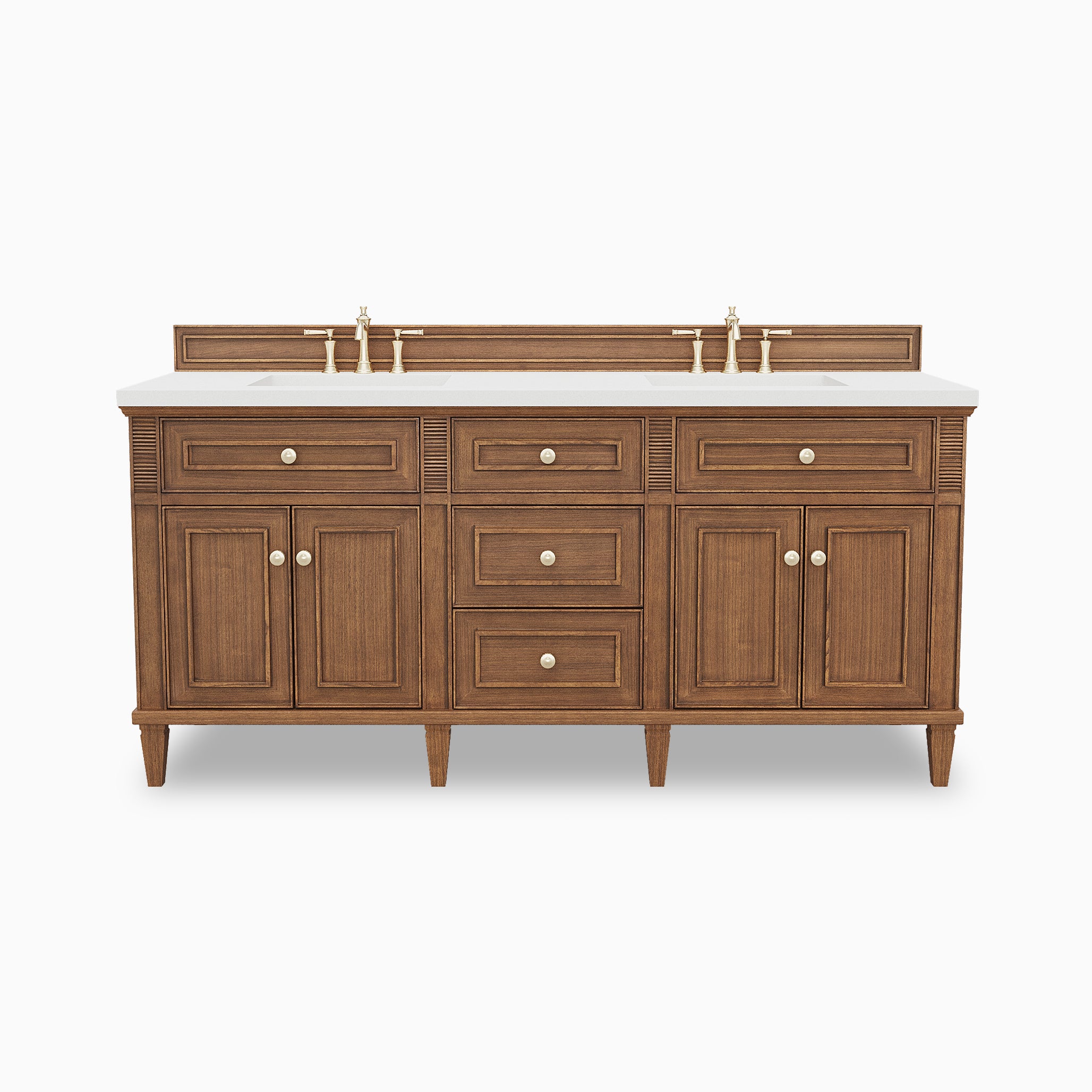 Elodie 72 inch double vanity in mid-century walnut with Lime Delight quartz countertop, double sinks, six drawers, four cabinet doors, and integrated backsplash.