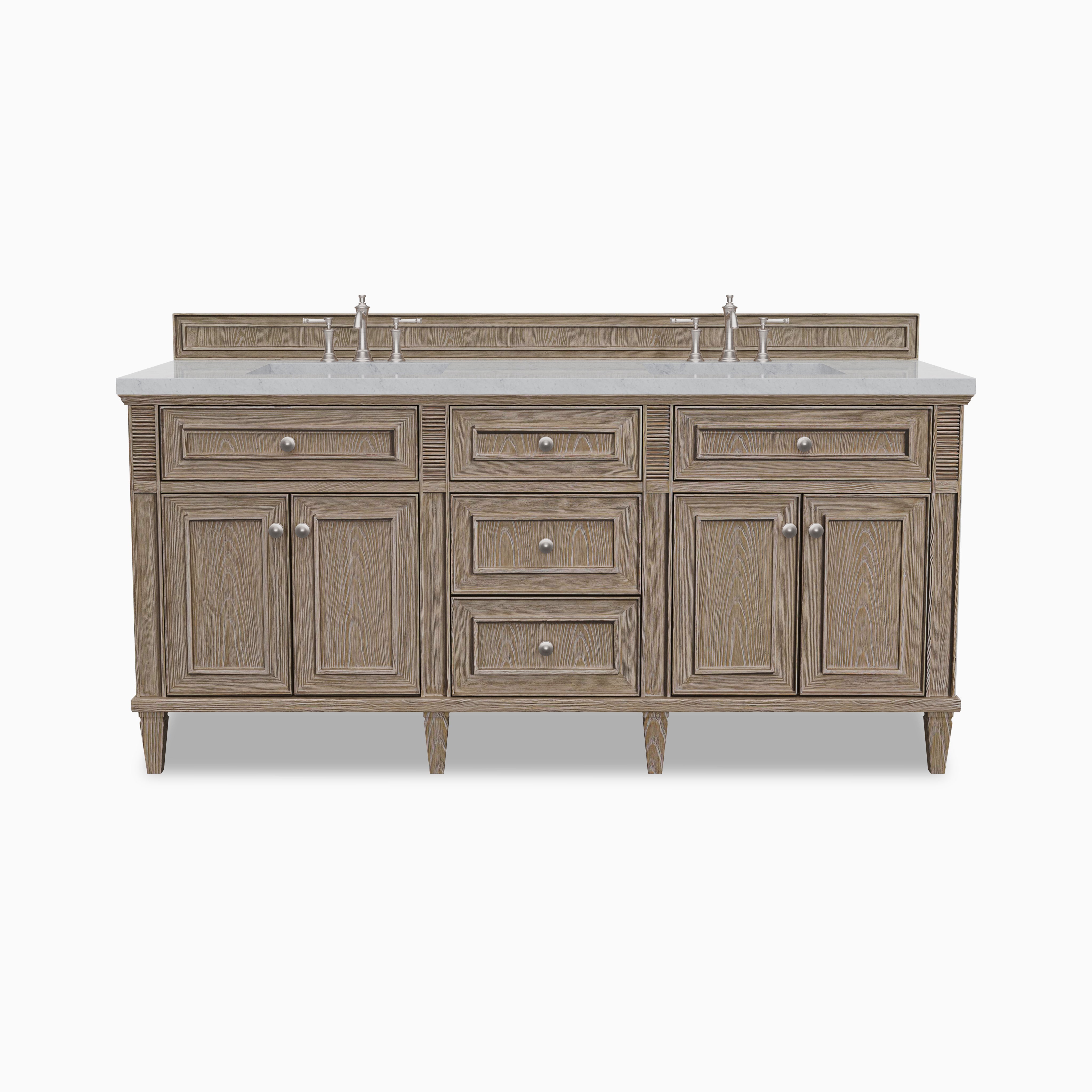 Elodie 72 inch double vanity in whitewashed oak with 3 cm Carrara white marble top, six drawers, four cabinet doors, and integrated backsplash.