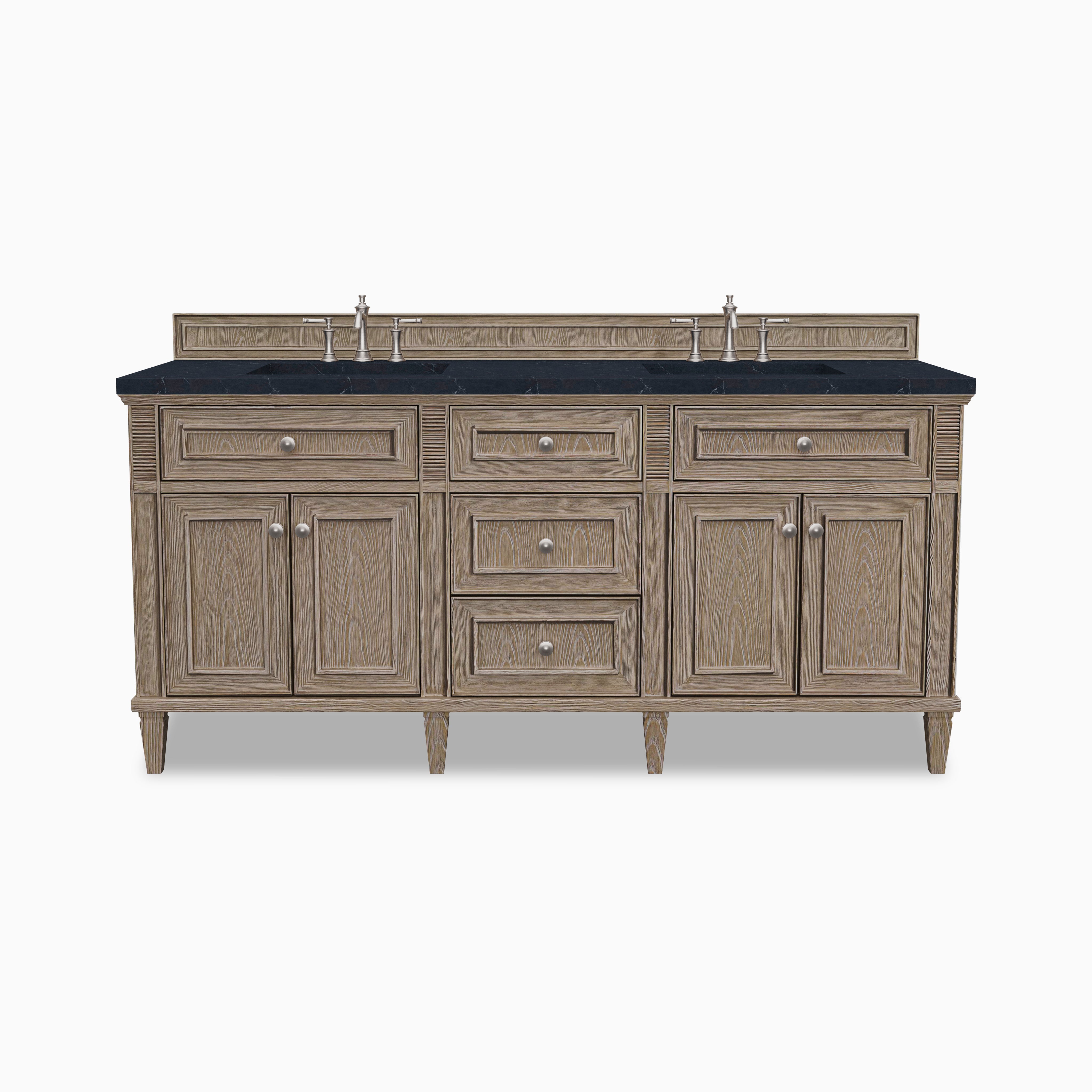 Elodie 72 inch double vanity in whitewashed oak with 3 cm Charcoal Soapstone quartz top, six drawers, four cabinet doors, and integrated backsplash.