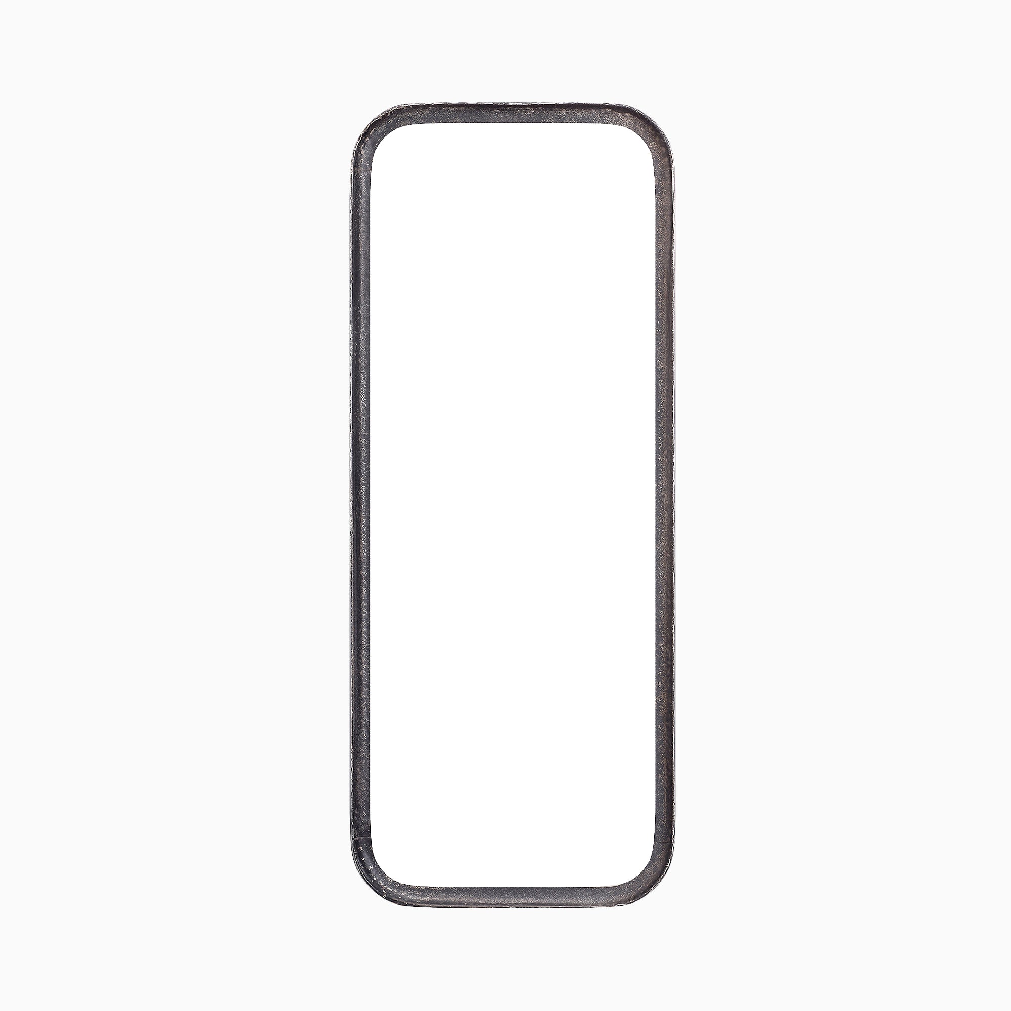 Elongated rounded rectangular mirror with a classic silhouette, framed by a narrow border in a rustic, dark metallic sheen.