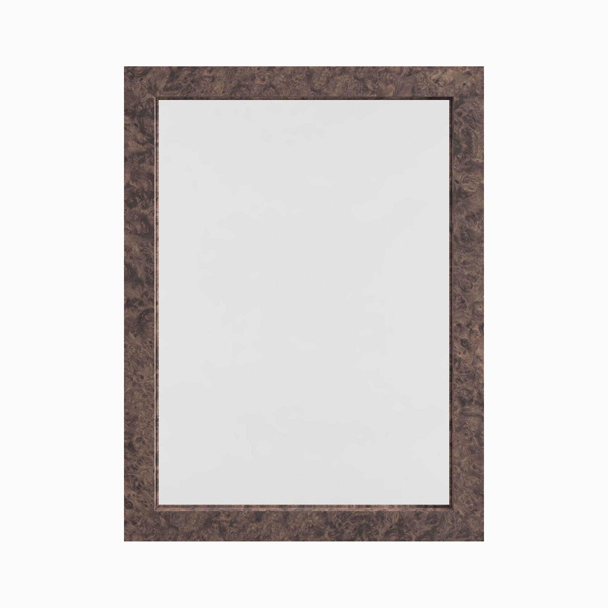Rectangular mirror with a timeless silhouette, framed in dark burl wood veneer with rich swirling grain patterns.