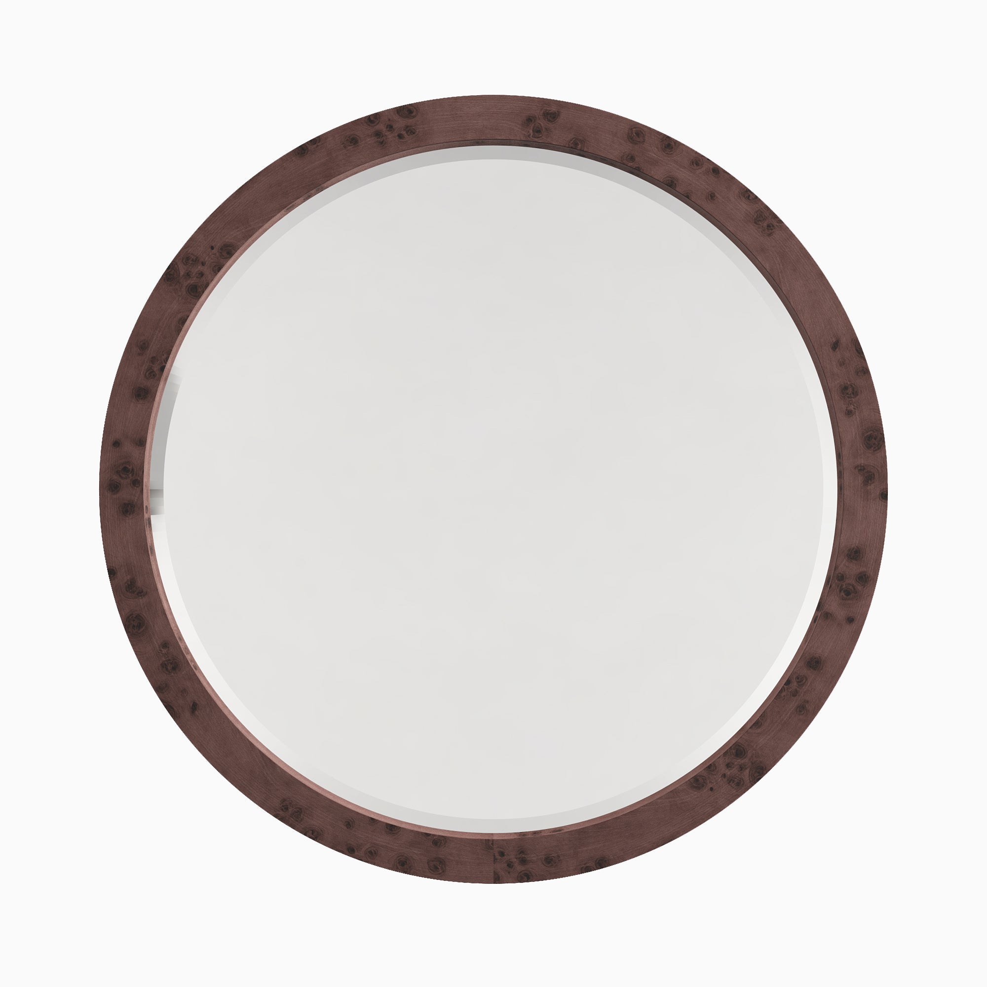 Round mirror framed in dark burl wood veneer, showcasing swirling grain patterns and rich tonal variation.