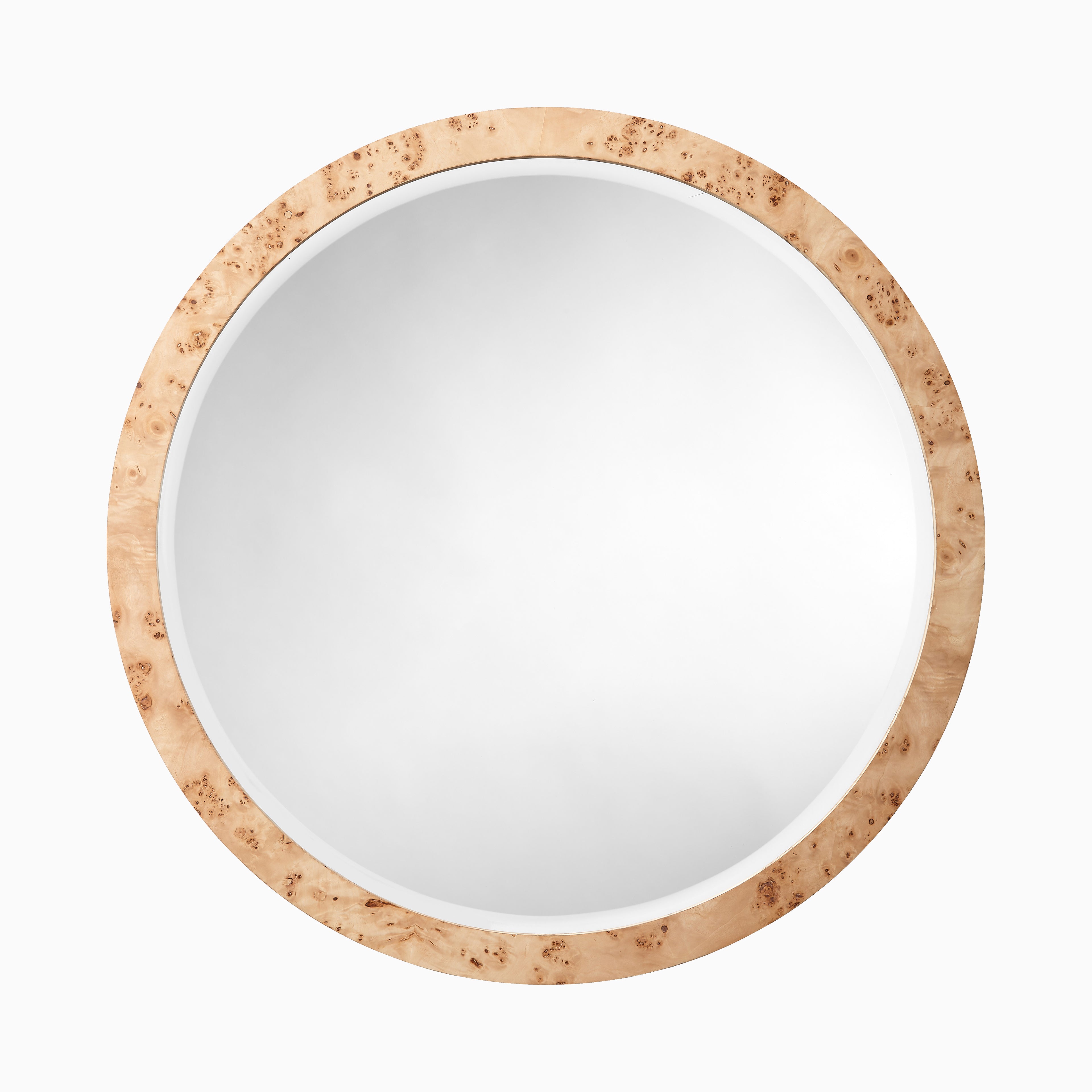 Round mirror framed in burl wood veneer, highlighting swirling grain patterns and warm natural tonal variation