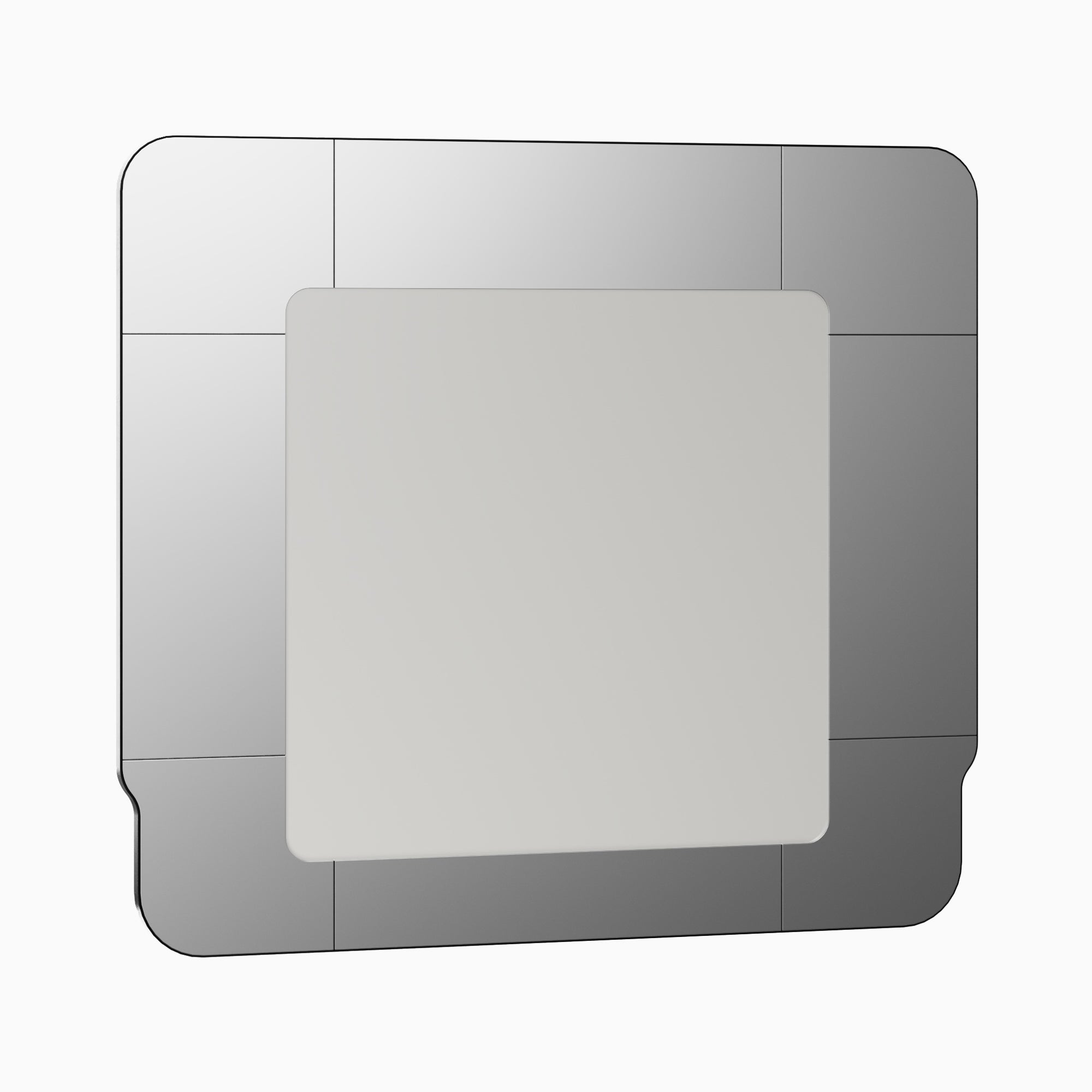 Large rectangular mirror with softly rounded corners, seamlessly encircled by a fully mirrored frame.