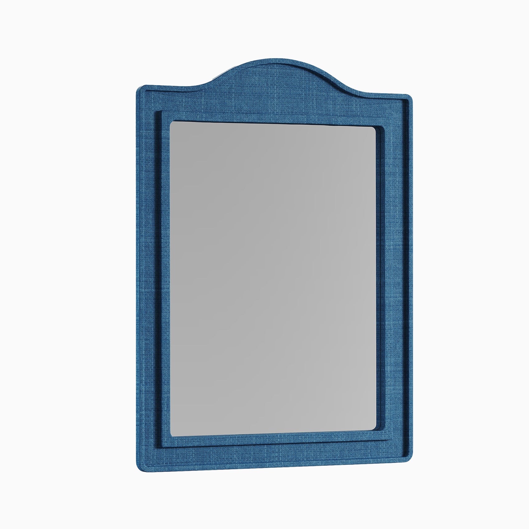 Rectangular mirror with an arched top, framed in handwoven blue raffia that adds warm texture and natural character.