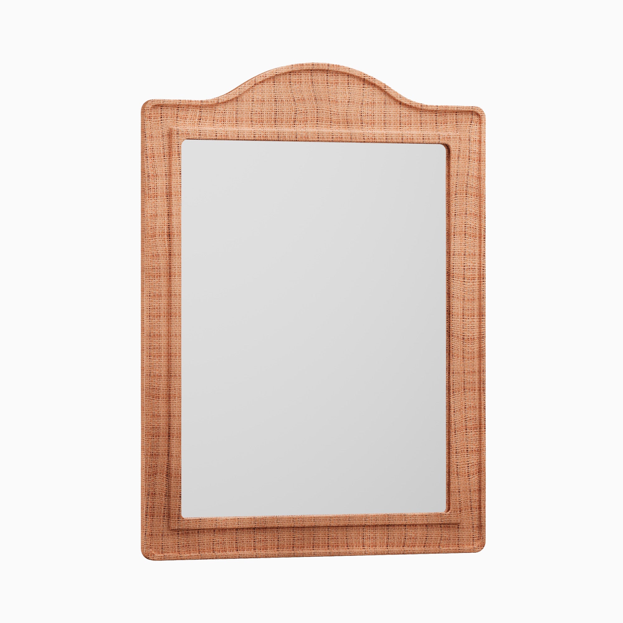 Rectangular mirror with an arched top, framed in handwoven brown raffia that adds warm texture and natural character.