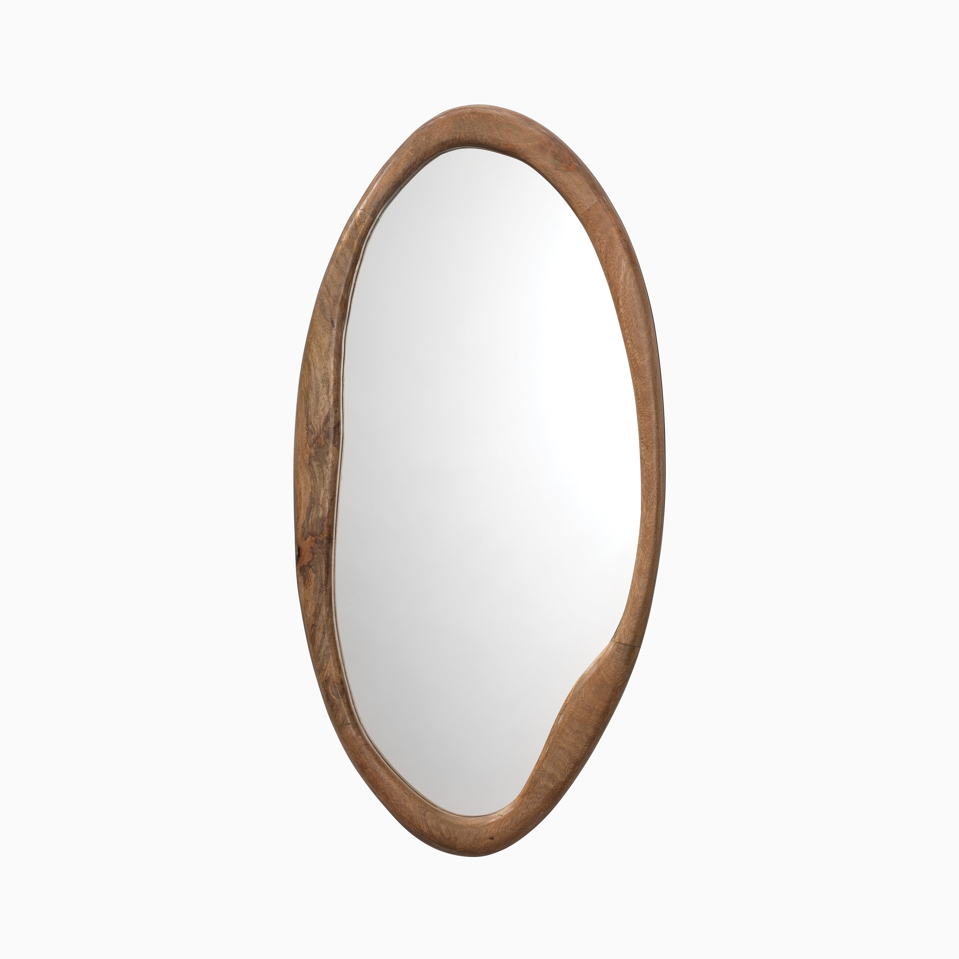 Tall oval wall mirror with an organically contoured solid wood frame in a warm natural finish, creating a sculptural accent for modern or rustic interiors.