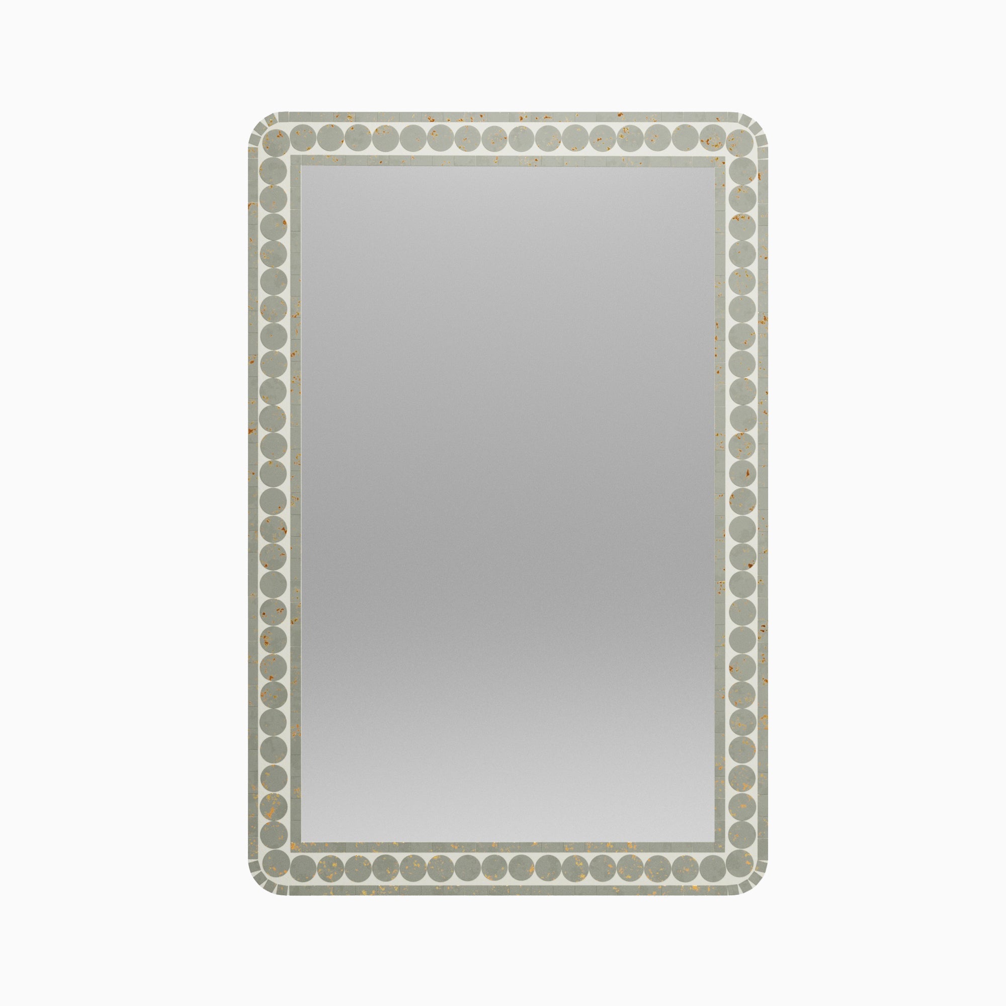 Rectangular mirror with a delicately distressed sage green painted glass frame, accented by repeating circular detailing.