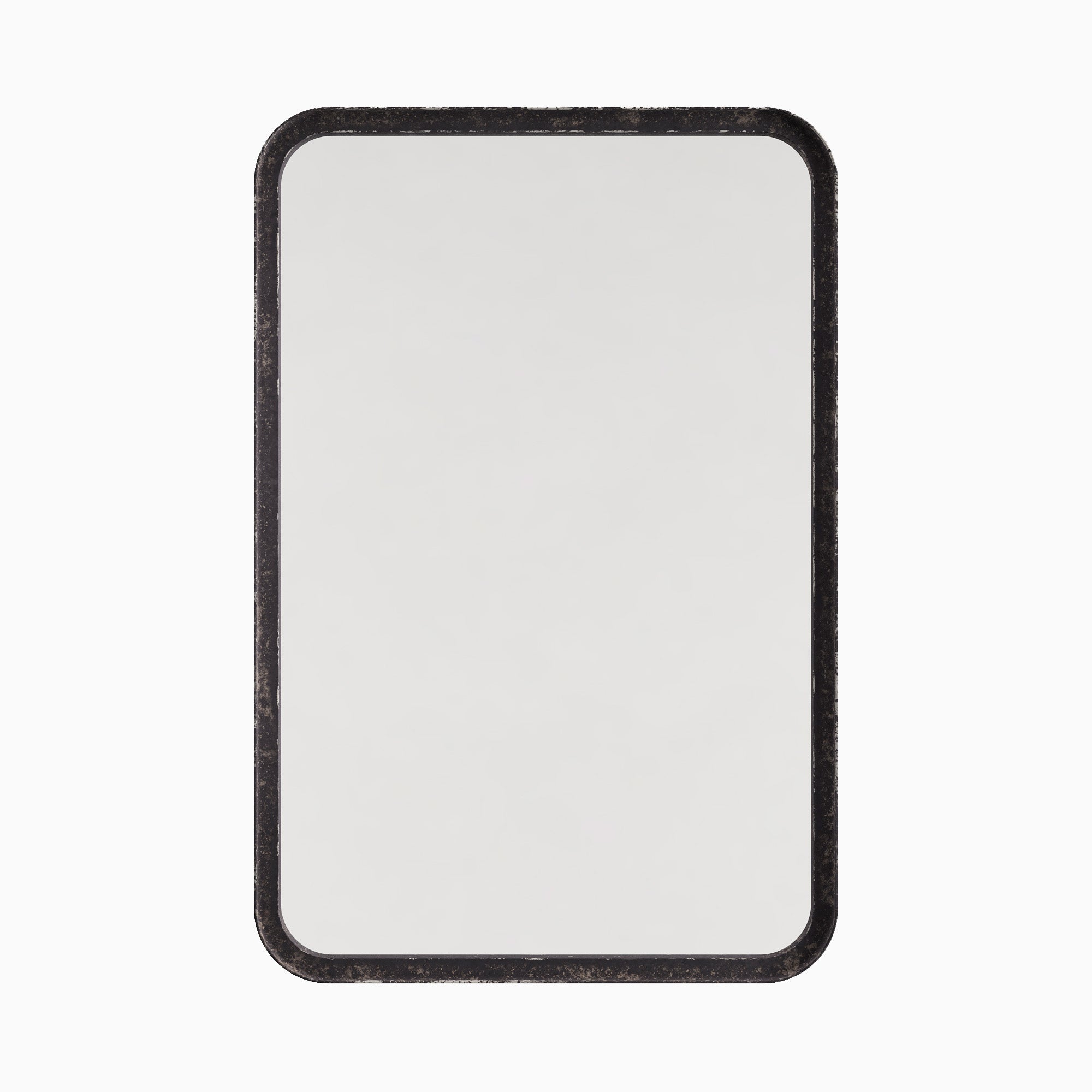Rounded rectangular mirror with a classic silhouette, framed by a narrow border finished in a rustic, dark metallic sheen.