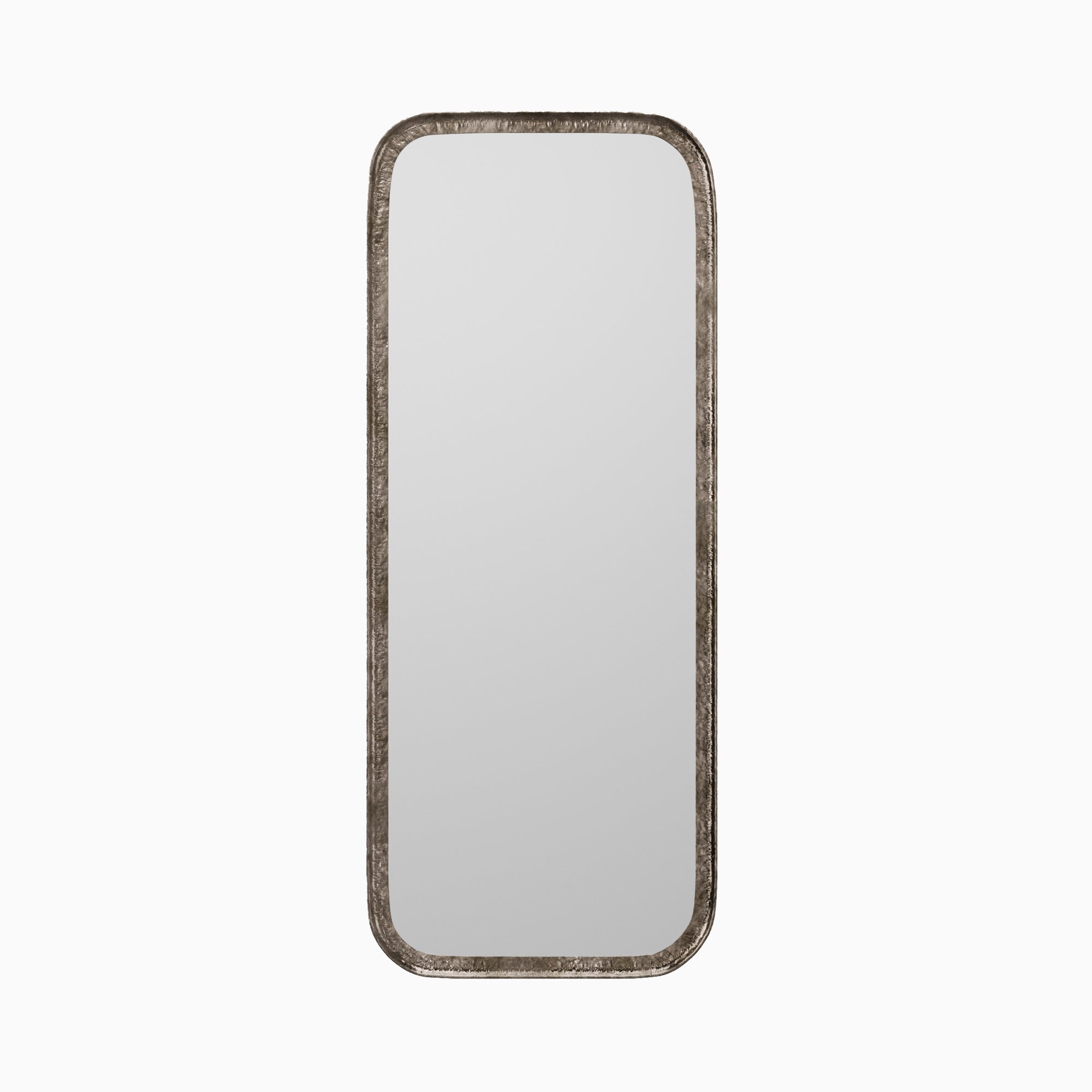 Elongated rounded rectangular mirror with a classic silhouette, framed by a narrow border in a rustic, light metallic sheen.