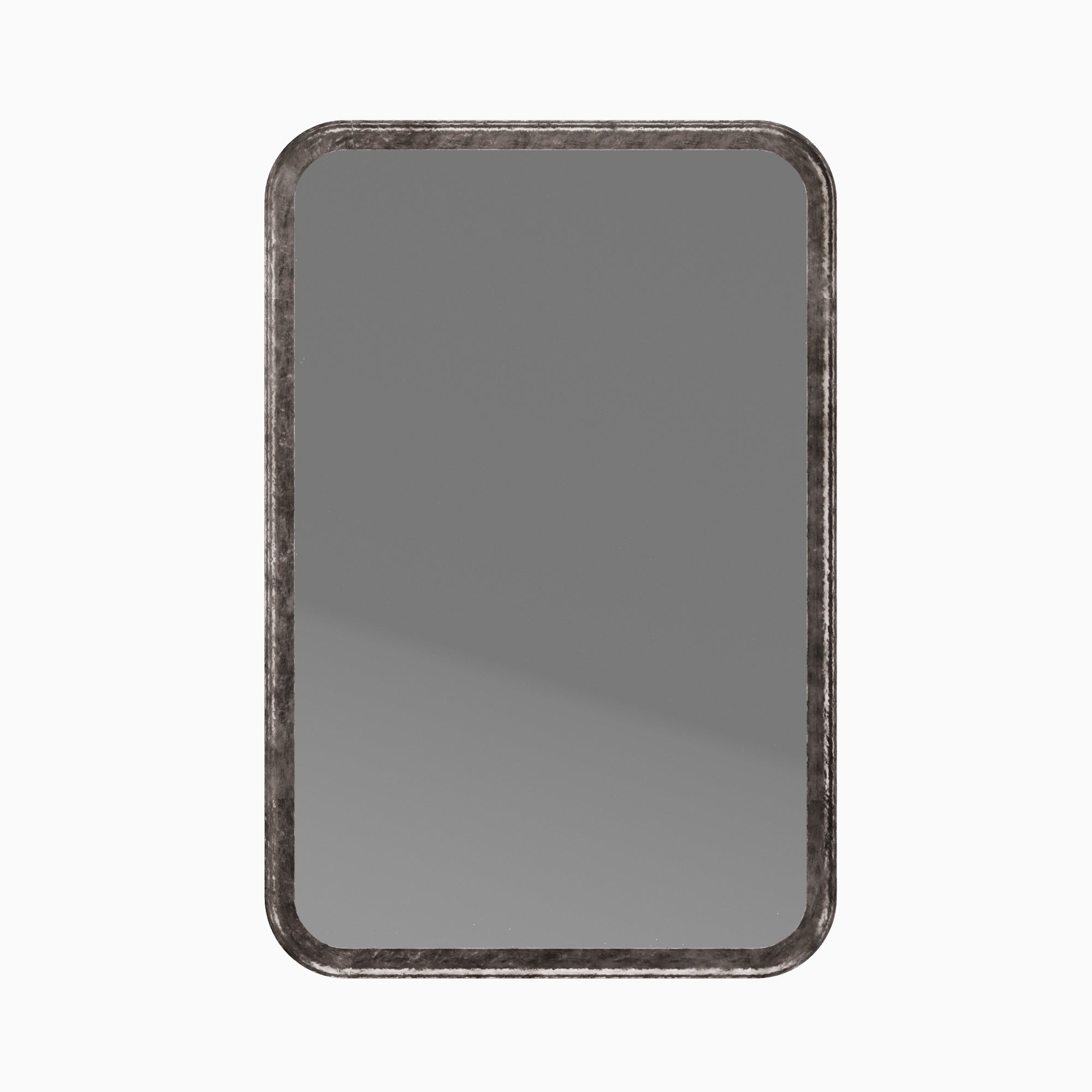 Rounded rectangular mirror with a classic silhouette, featuring a narrow frame finished in a rustic, light metallic sheen.
