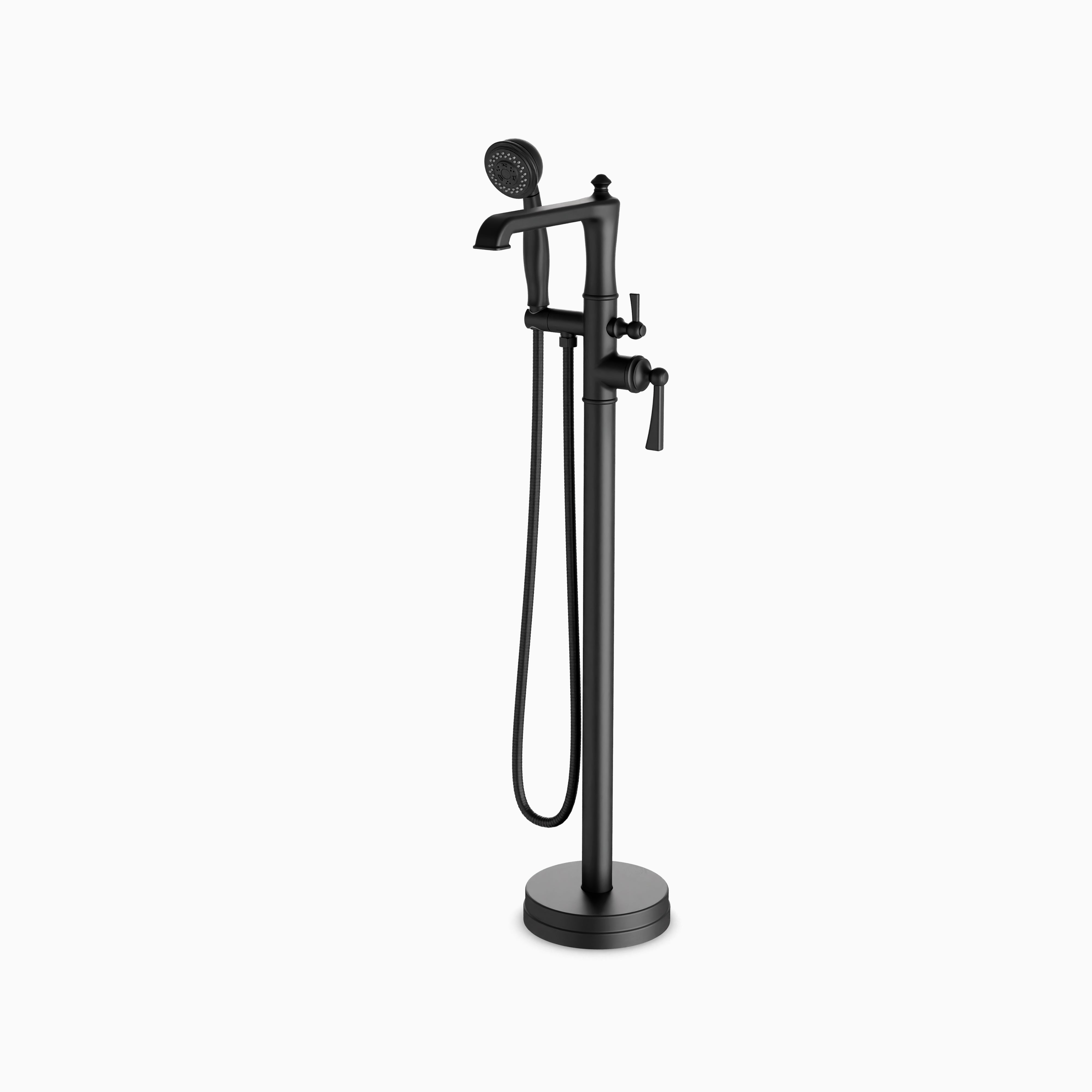 Linden Floor Mount Tub Filler Trim Kit with Hand Shower in Matte Black