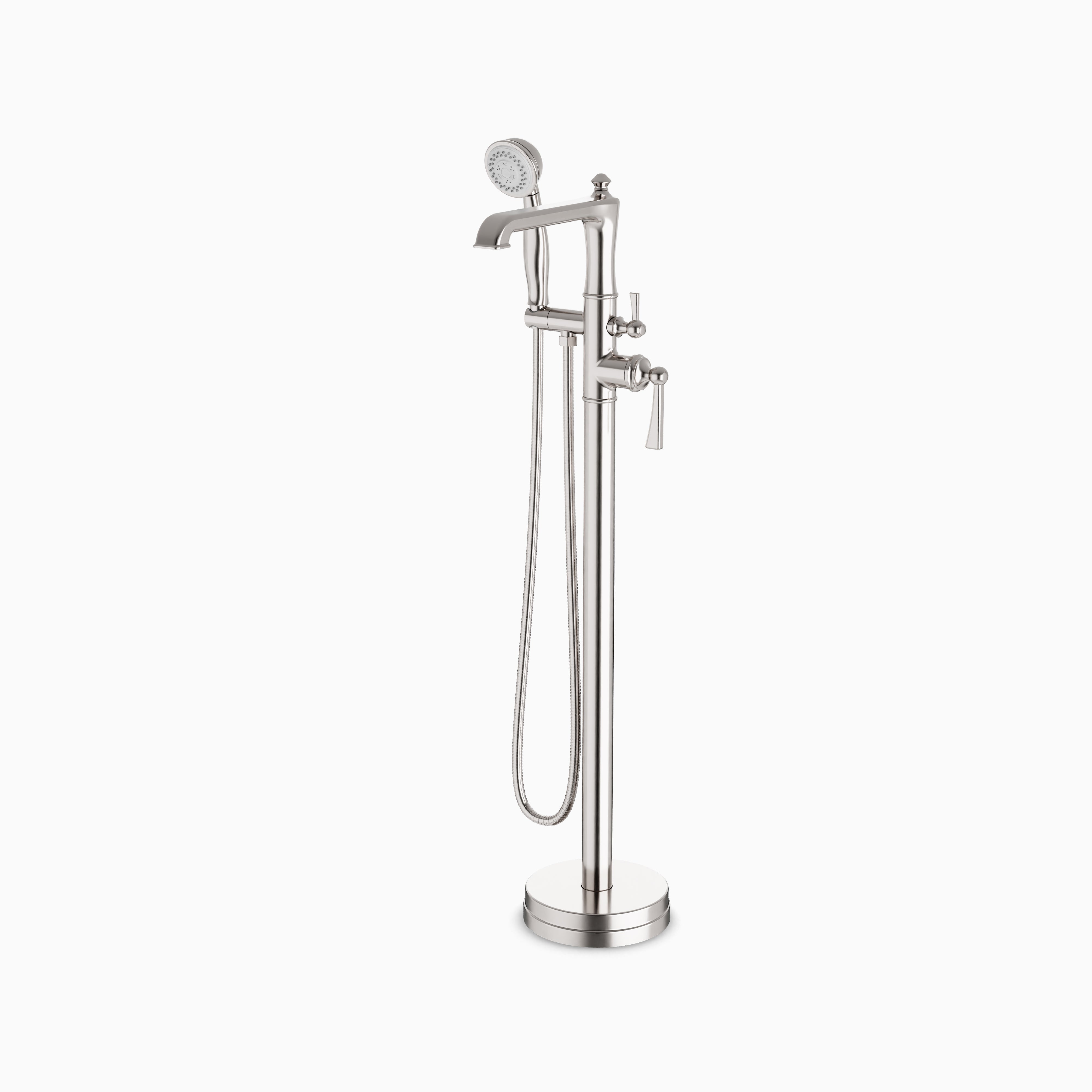 Linden Floor Mount Tub Filler Trim Kit with Hand Shower in Brushed Nickel