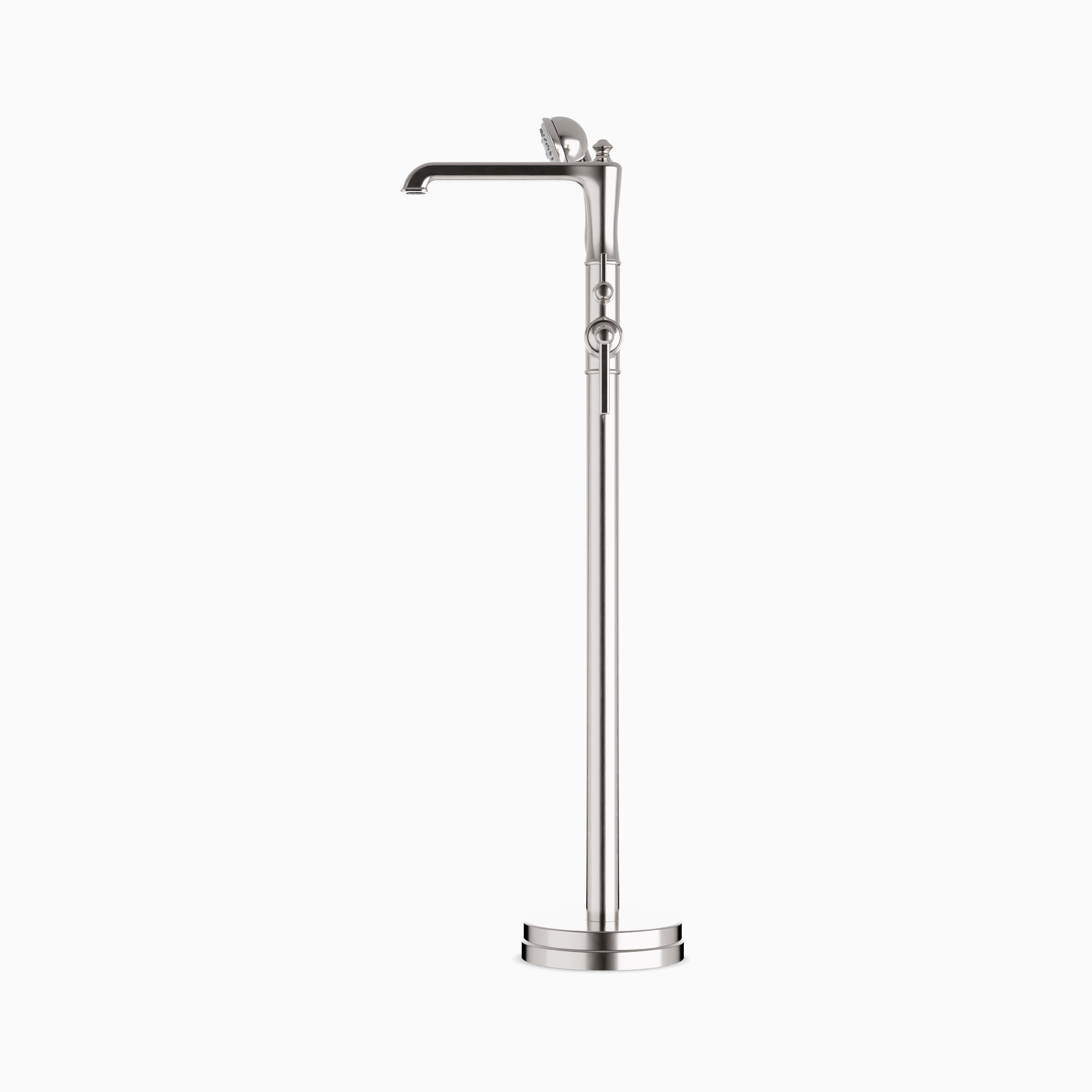 Linden Floor Mount Tub Filler Trim Kit with Hand Shower in Brushed Nickel