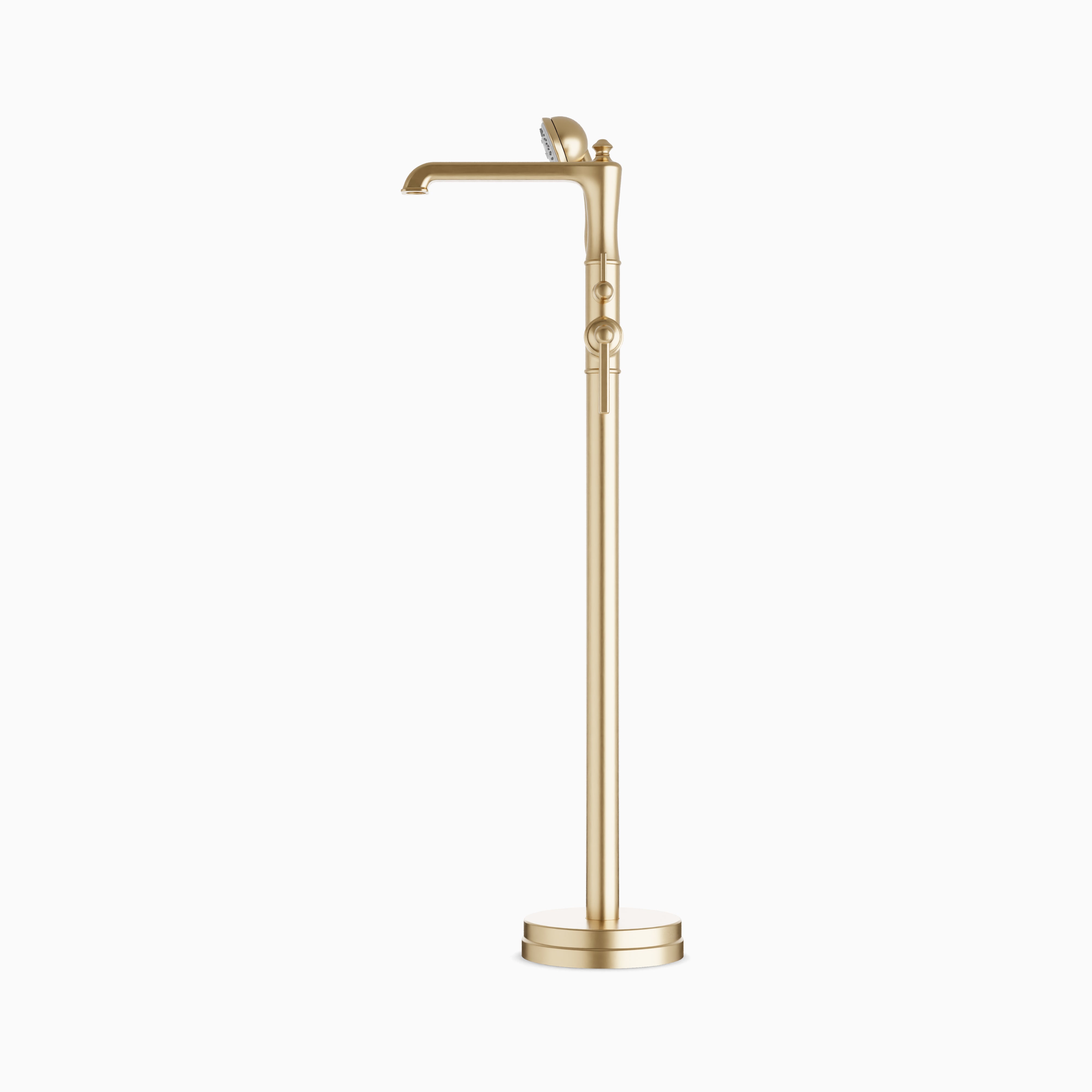 Linden Floor Mount Tub Filler Trim Kit with Hand Shower in Satin Brass