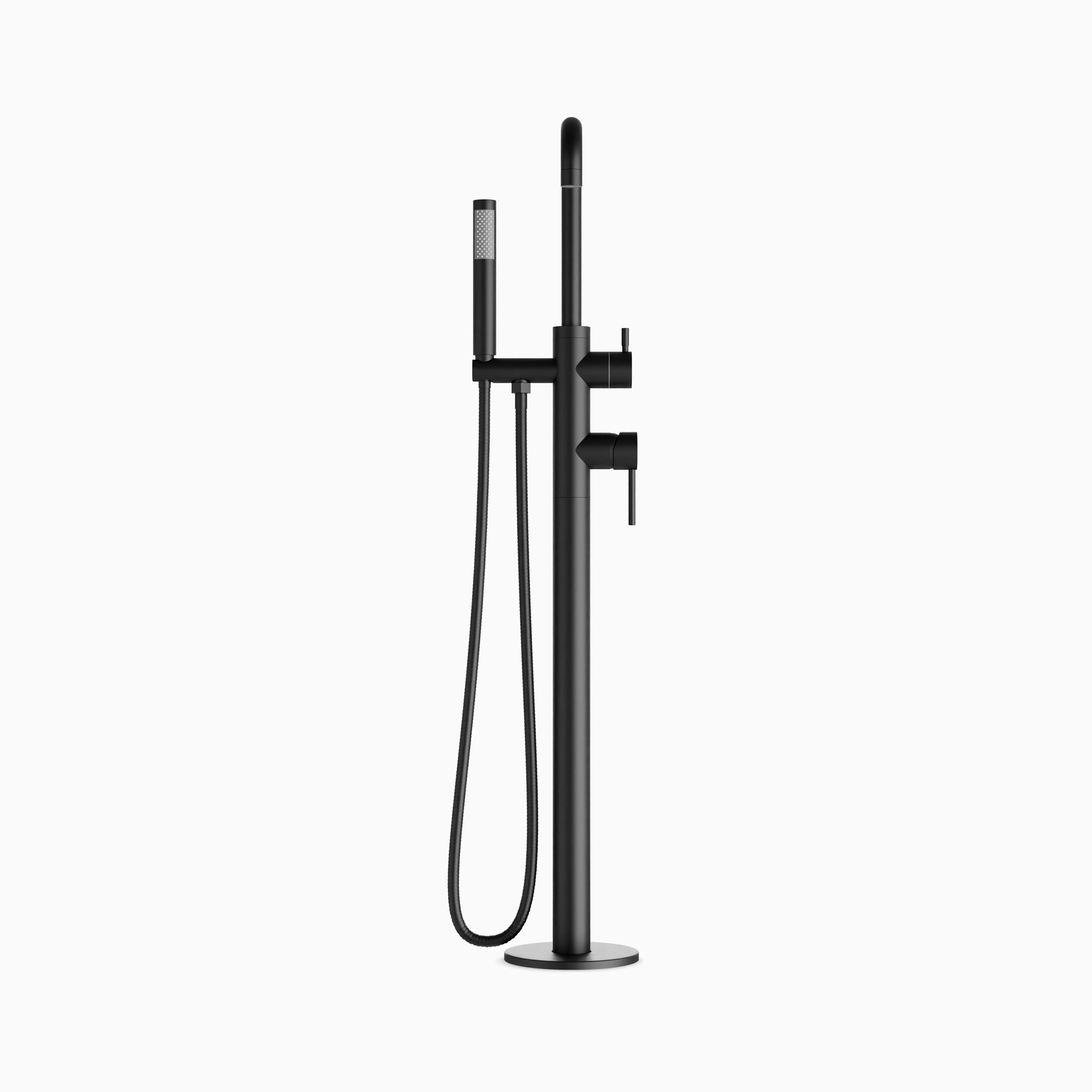 Alder Floor Mount Tub Filler Trim Kit with Low Spout & Hand Shower in Matte Black