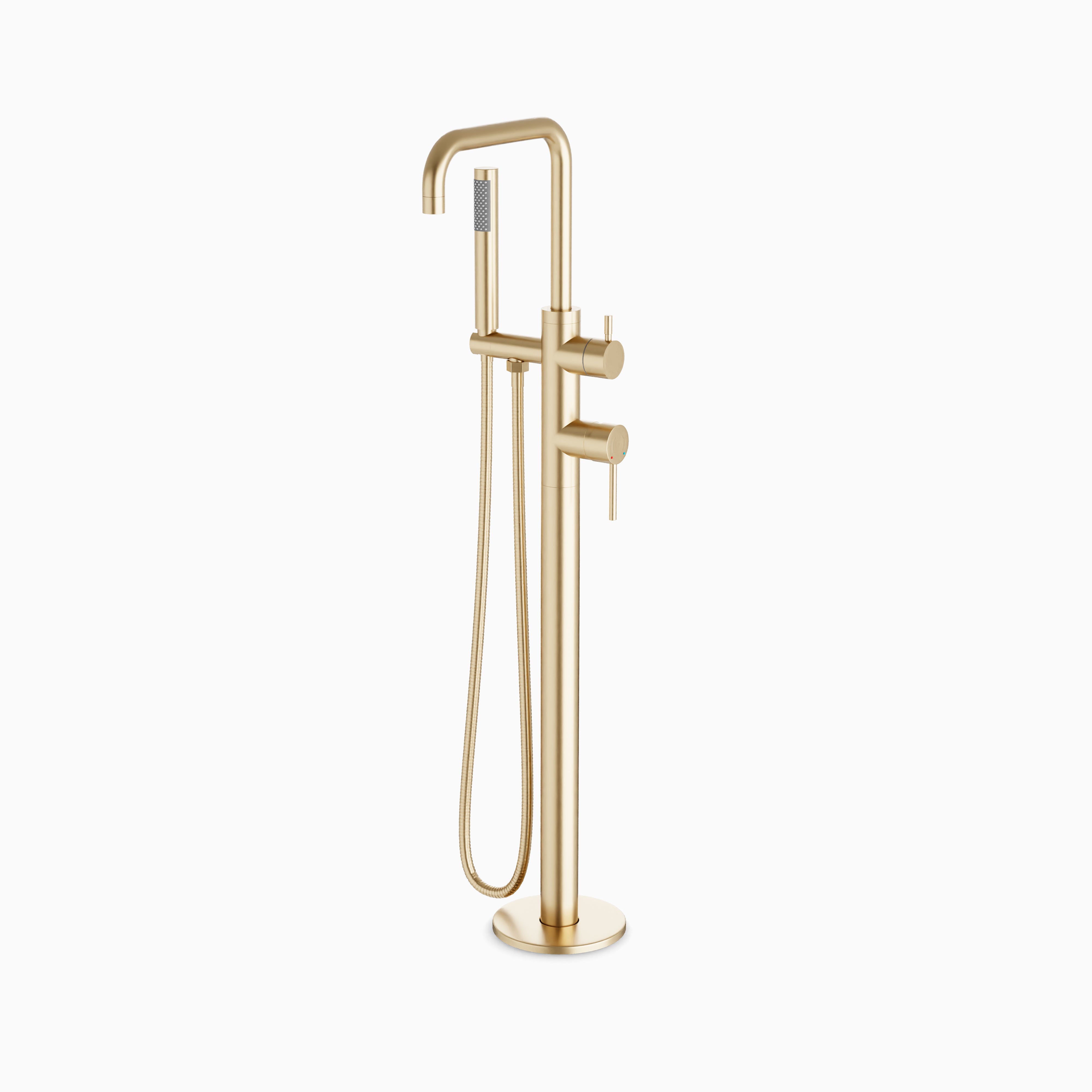 Alder Floor Mount Tub Filler Trim Kit with Low Spout & Hand Shower in Satin Brass
