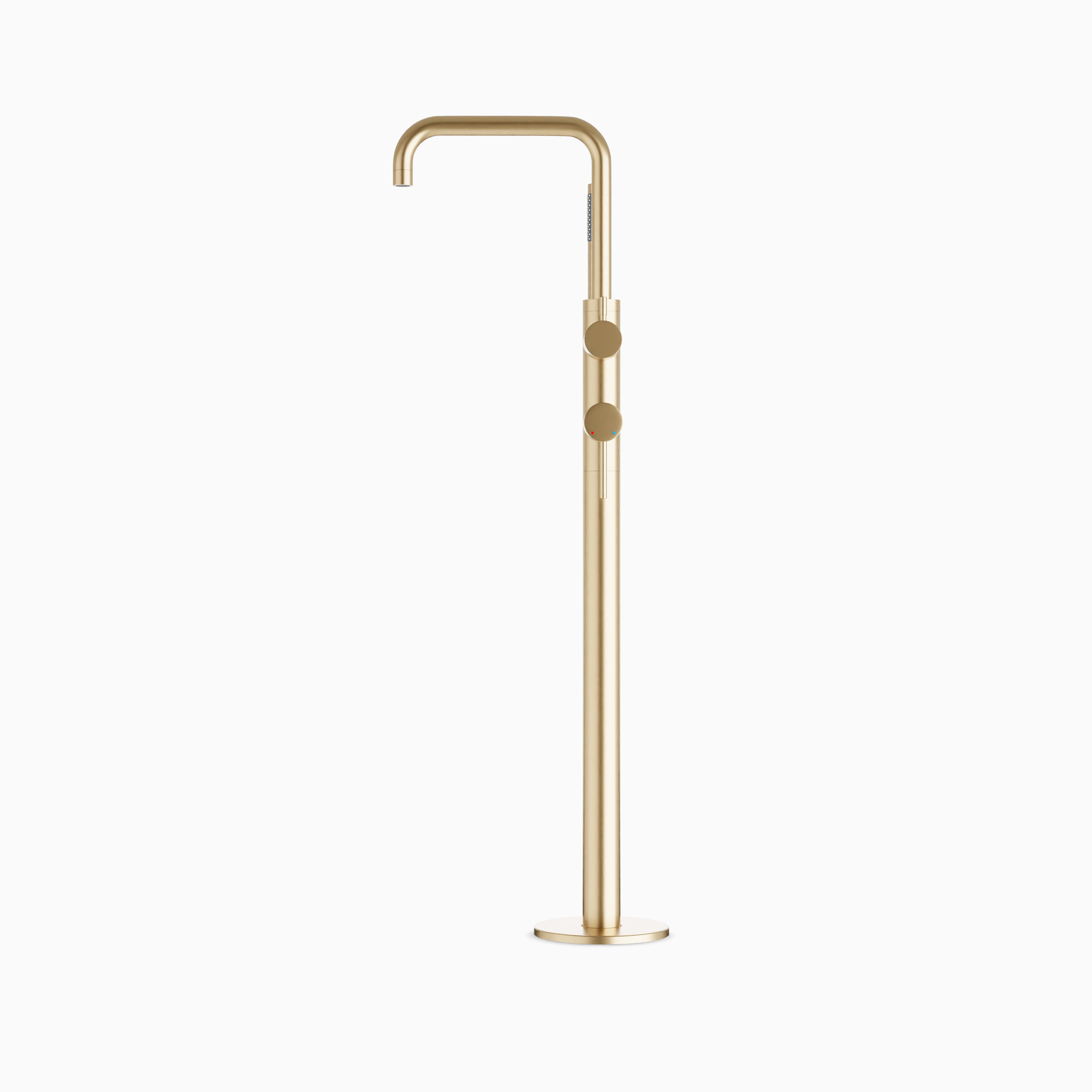Alder Floor Mount Tub Filler Trim Kit with Low Spout & Hand Shower in Satin Brass