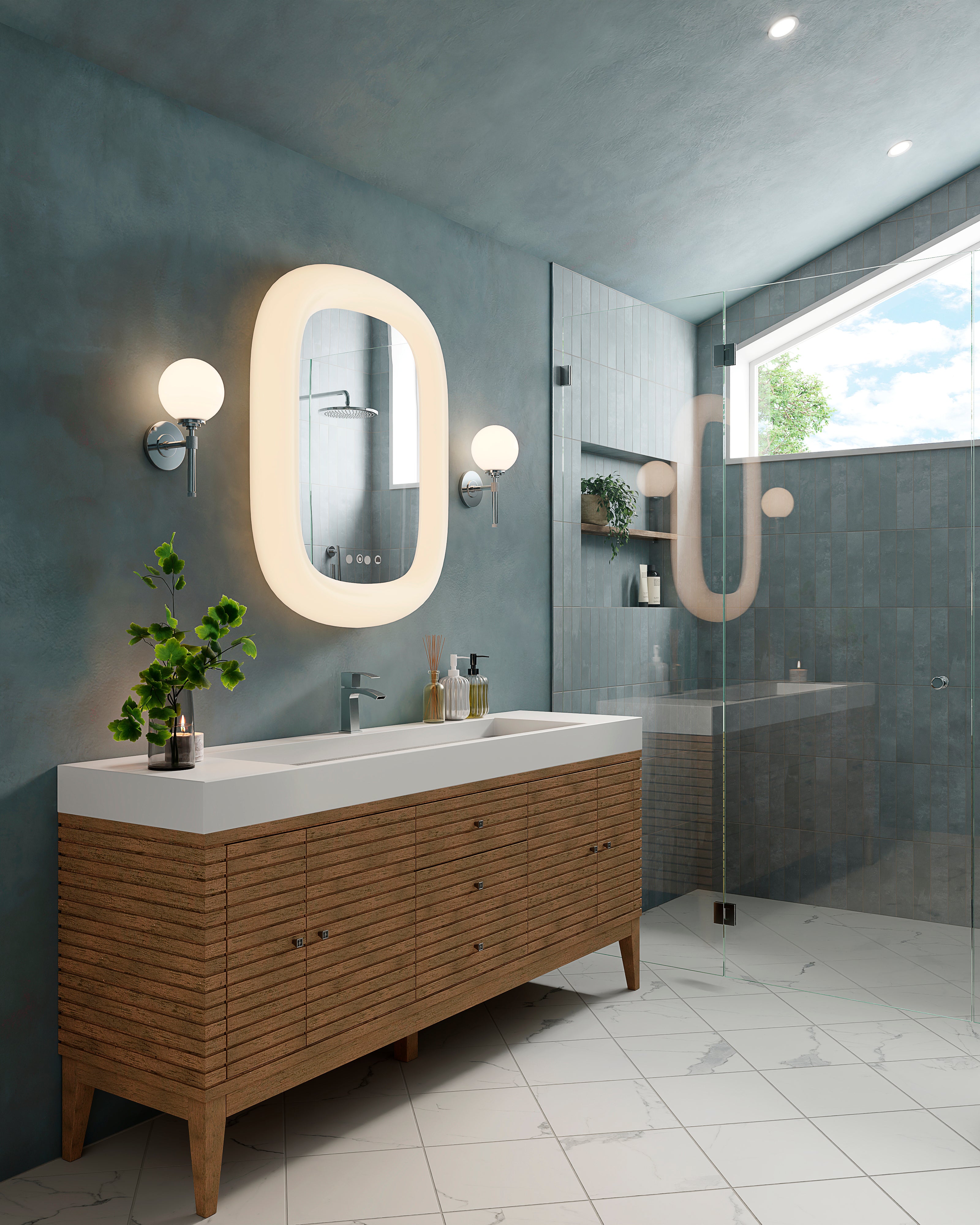 Set beneath a glowing mirror and wall sconces, the Easton 72 inch single vanity in Whitewashed Walnut features slatted wood cabinetry and a glossy white composite stone top.