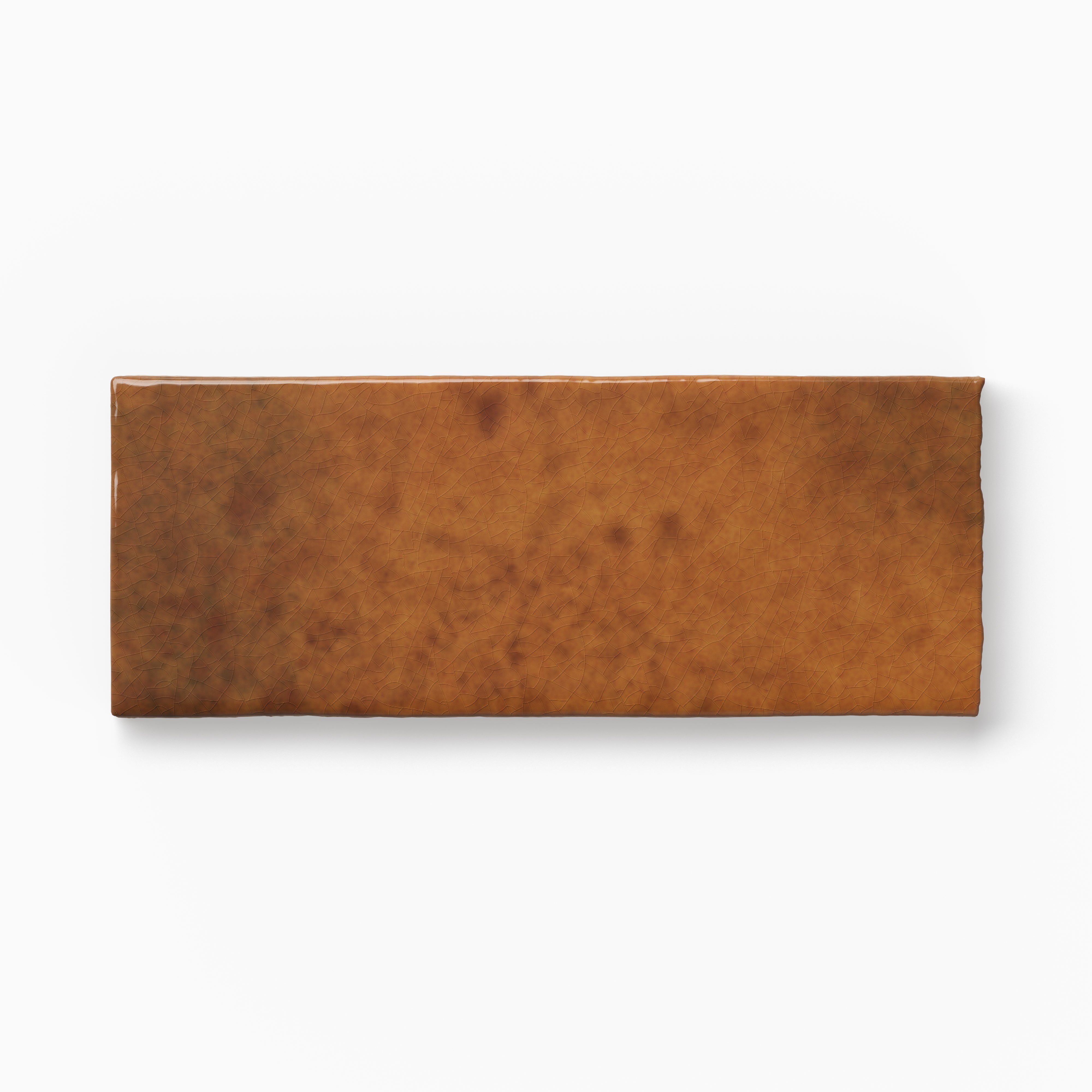 Rectangular brown tile sample with rich tonal variation, subtle crackle detailing, and softly irregular edges displayed against a white background.