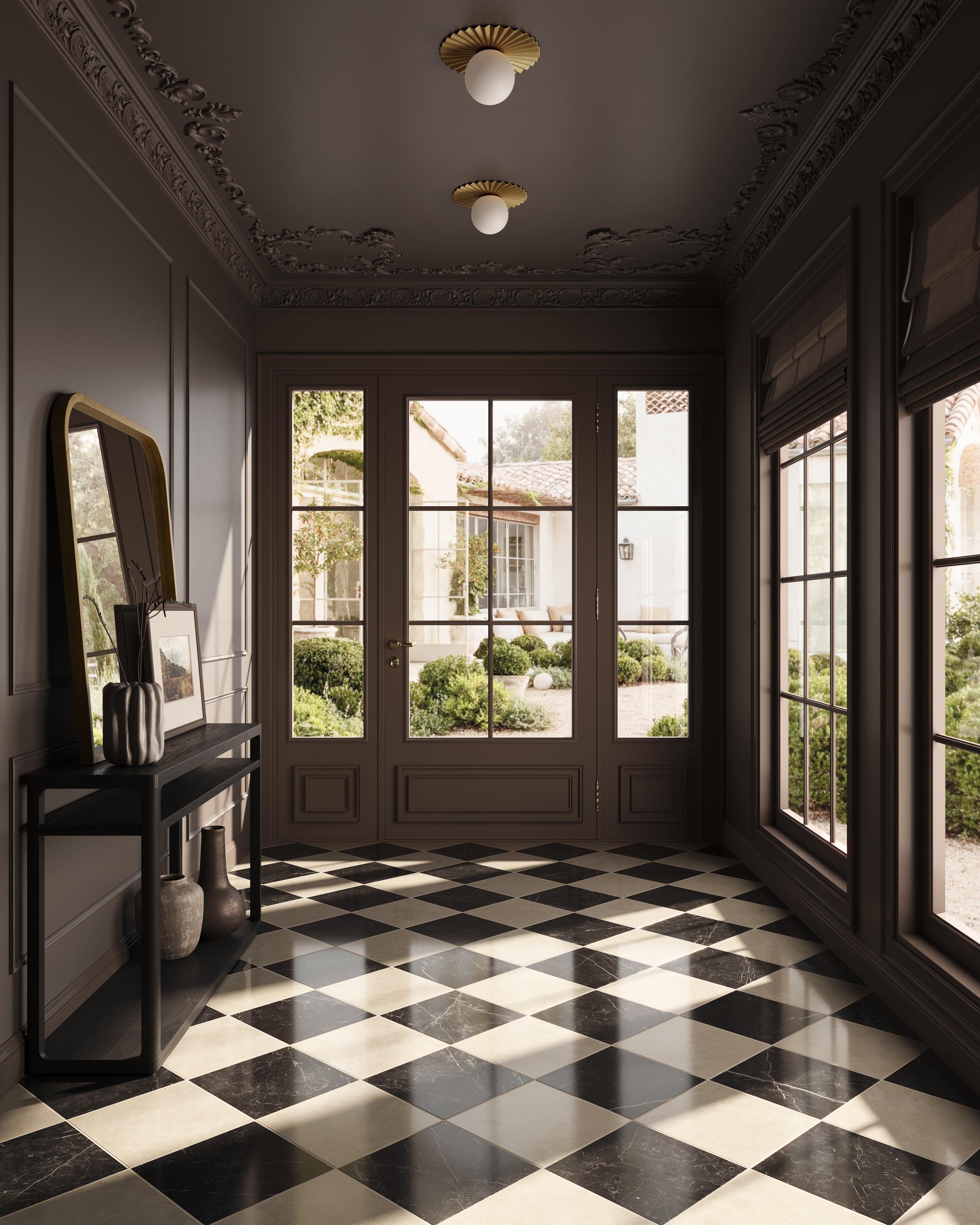 Leona 12x12 Checkerboard Polished Porcelain Tile in Marfil and Nero Marquina