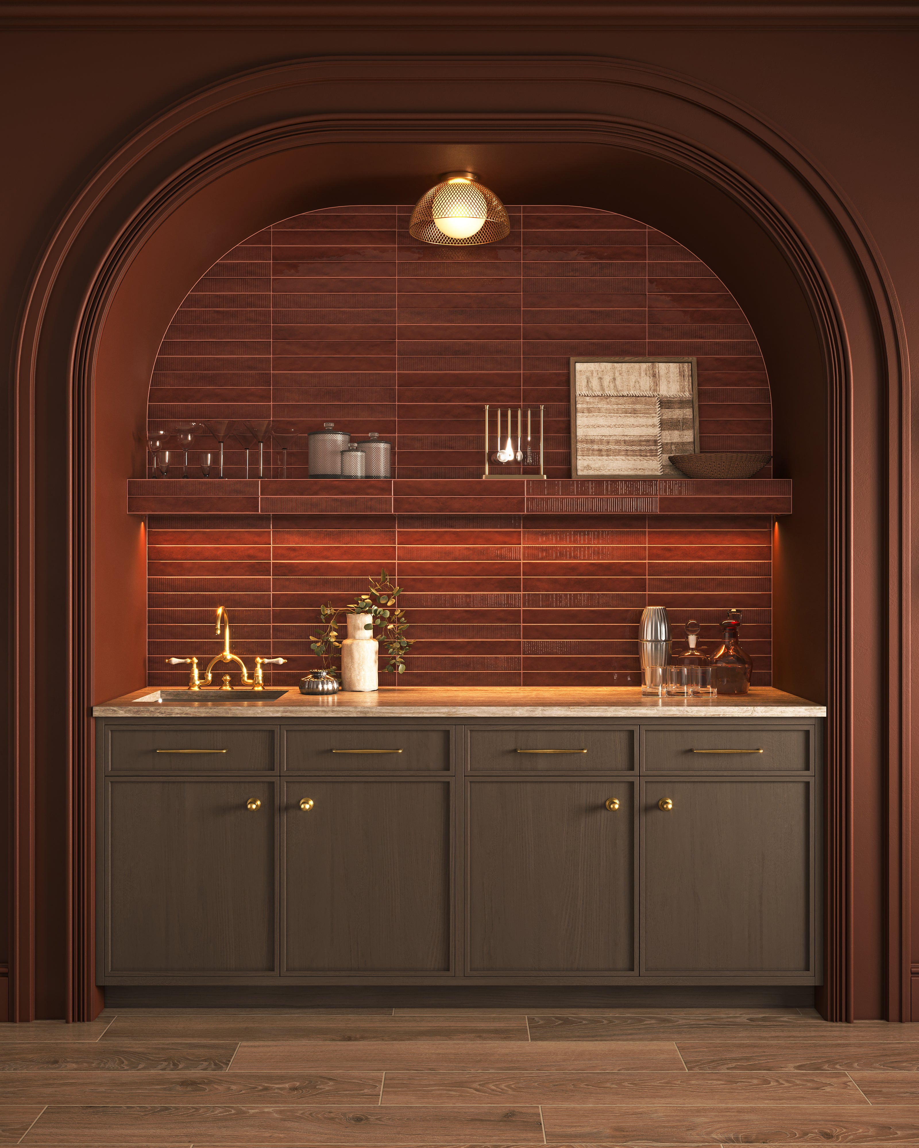 Gold lattice flush mount light with an opal glass globe above a bar cabinet with a tiled backsplash.