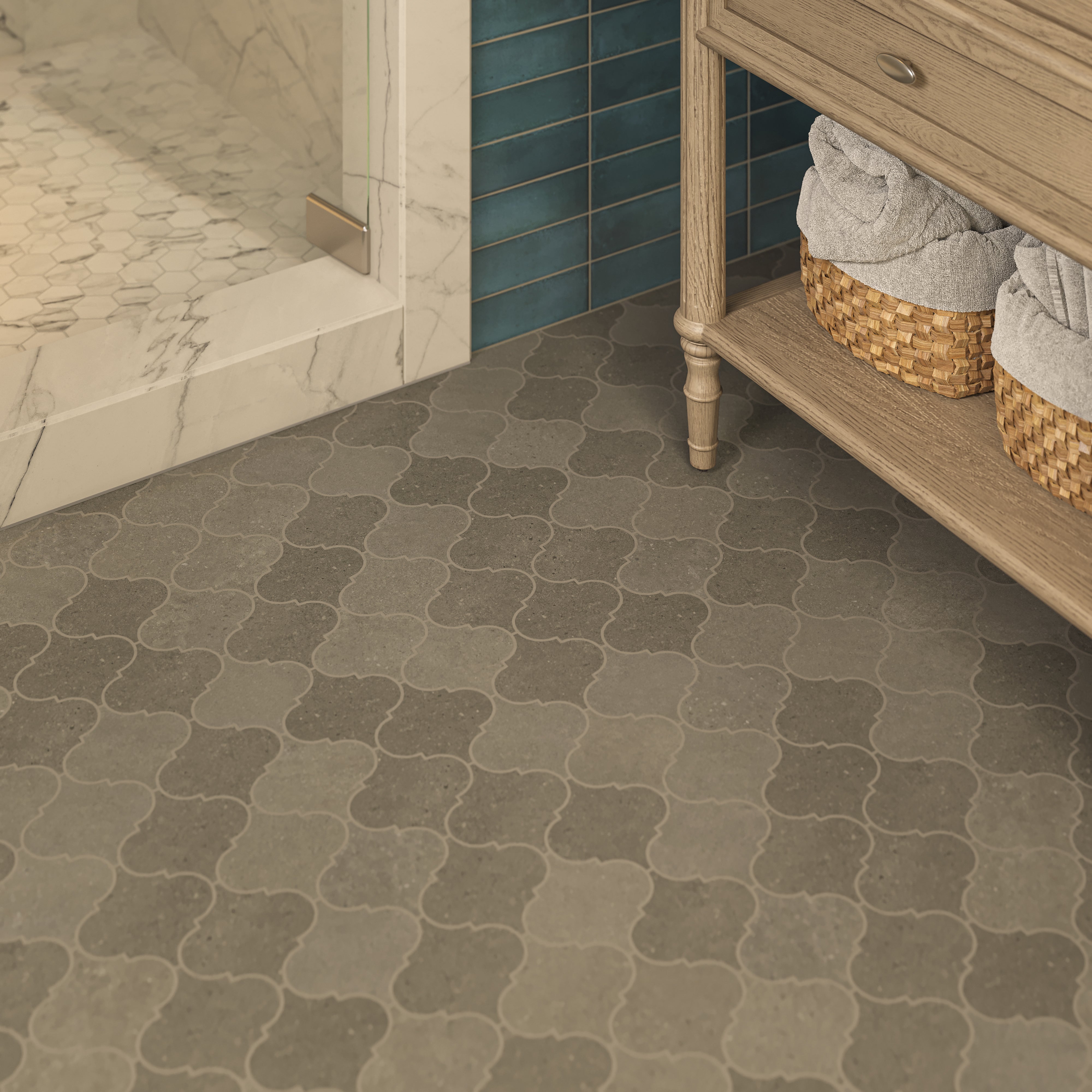 Shea 12x14.5 Matte Porcelain Arabesque Mosaic Tile in Cool Blend