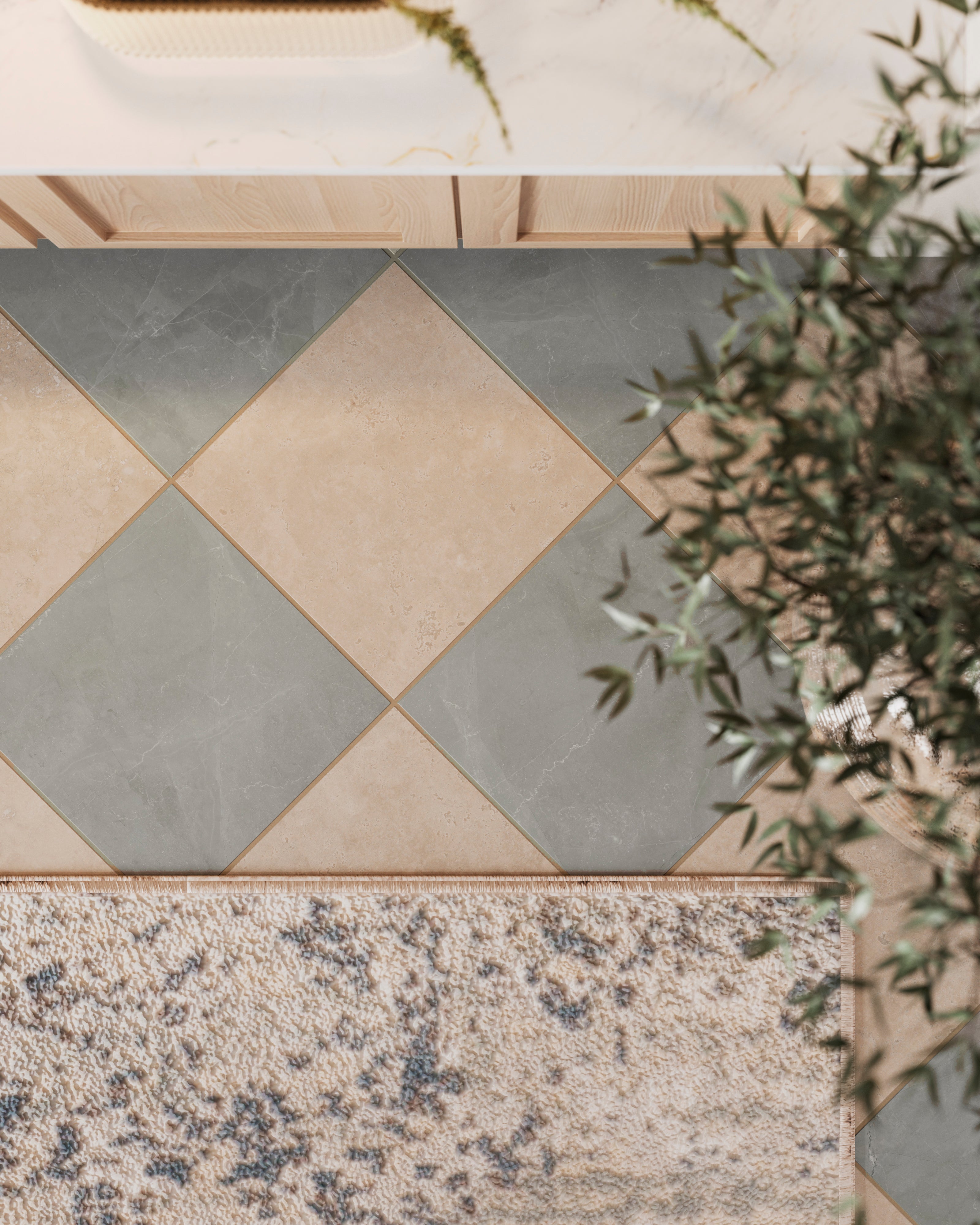 Leona 12x12 Checkerboard Polished Porcelain Tile in Marfil and Amani Grey