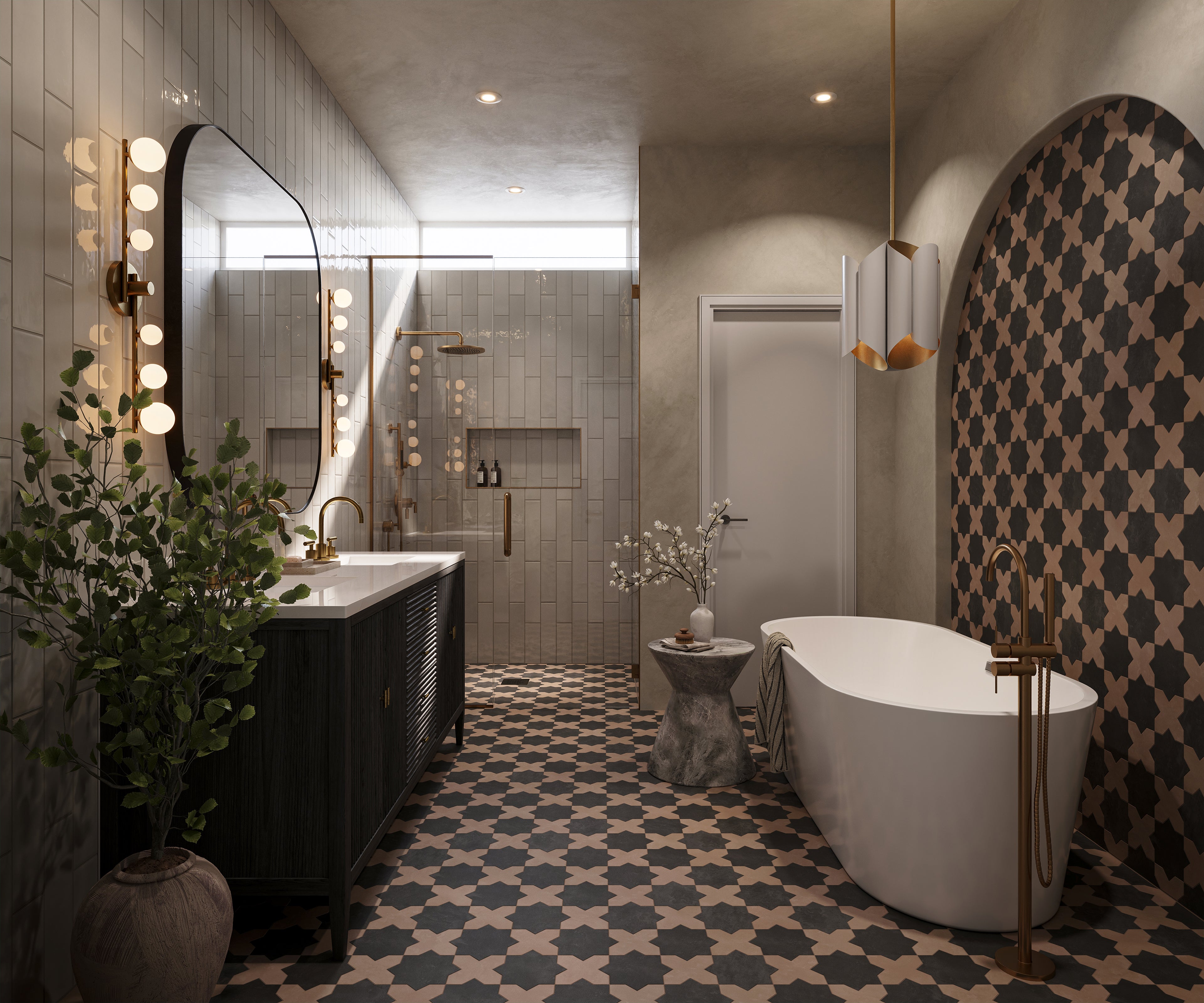 Elegant bathroom with black fluted vanity, freestanding tub, geometric tile floor, brass fixtures, and tiled walk-in shower.