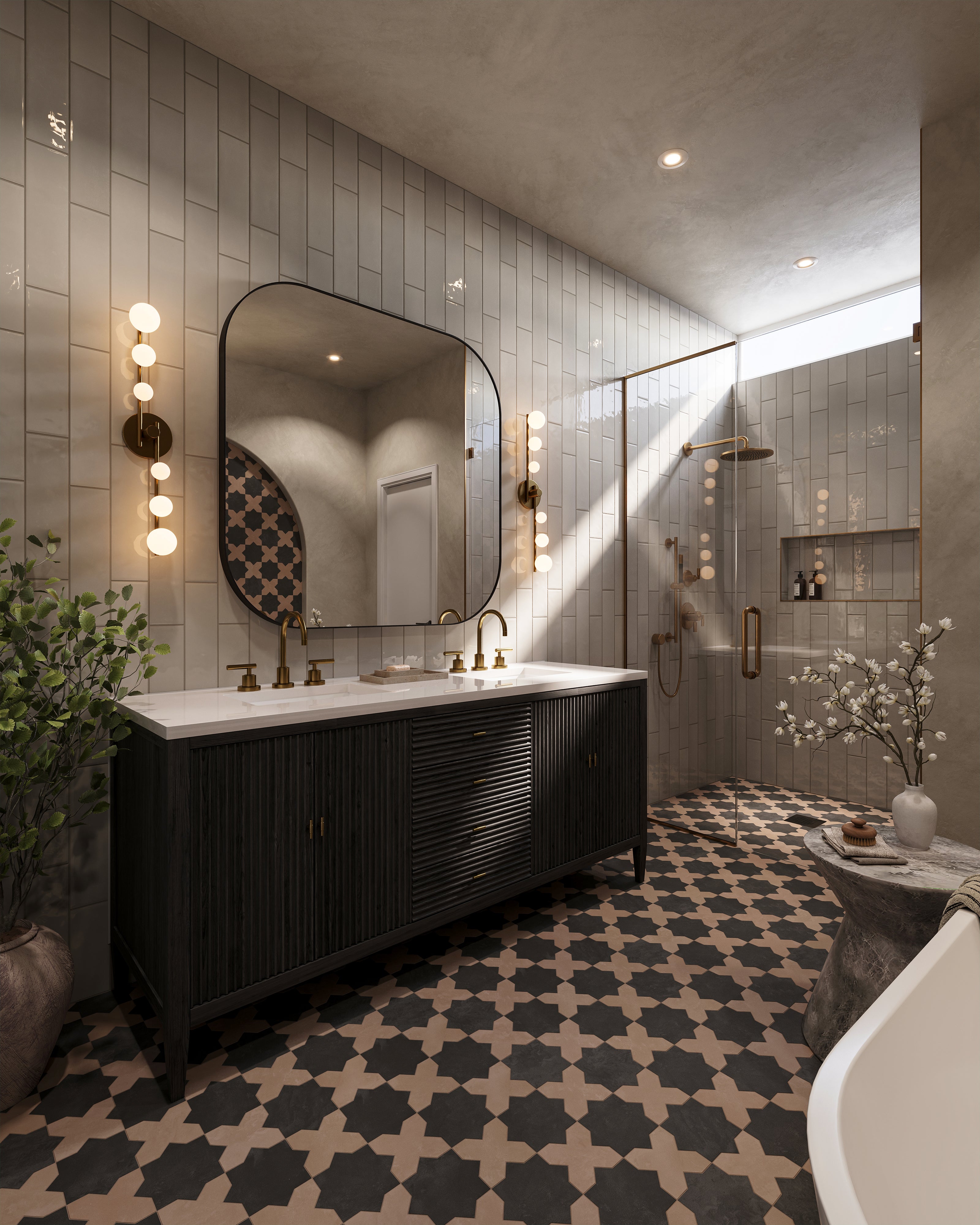 Eclectic bathroom with black and taupe star floor tile, glossy shower walls, black vanity with mirror and sconces, marble look end table, and brass lighting.