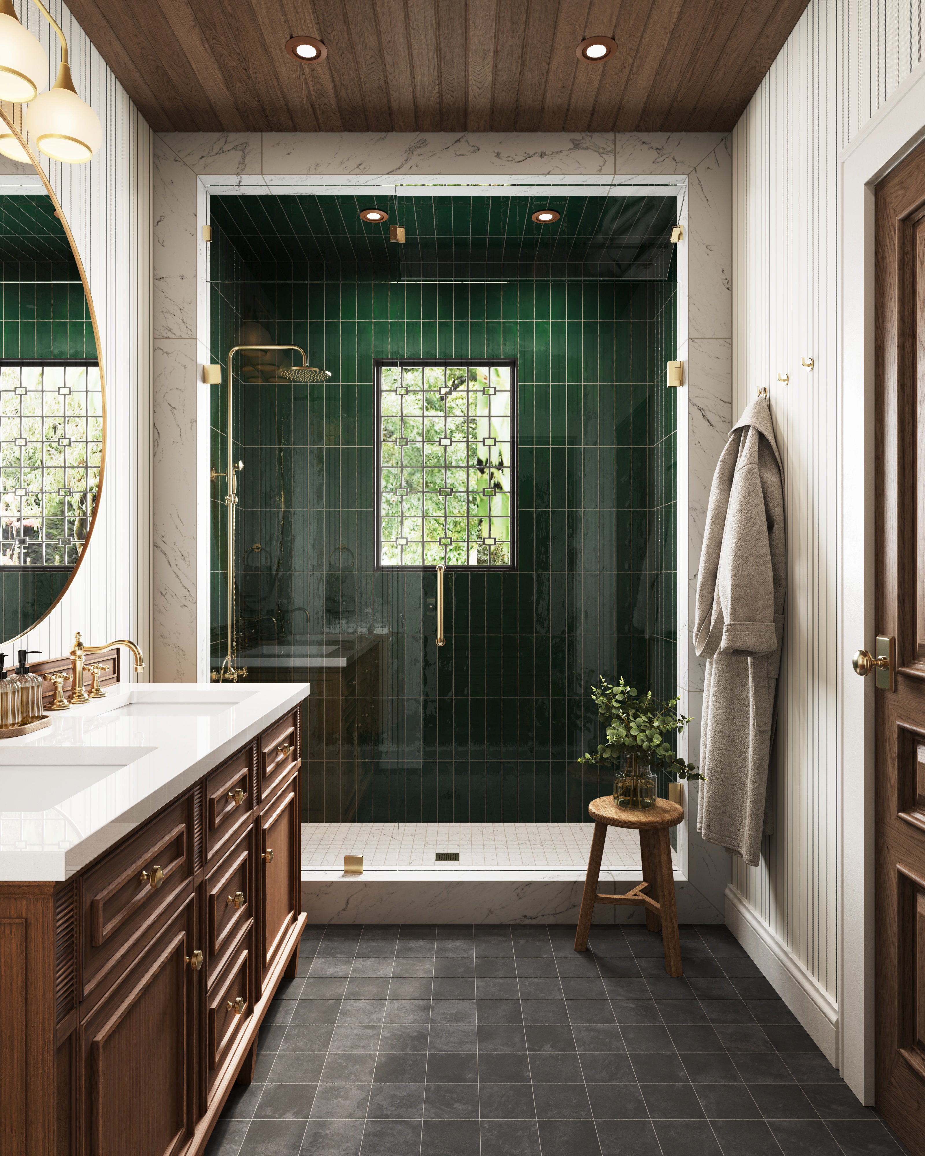 Dark gray stone-look porcelain floor tiles with soft tonal variation and a matte surface set a calm foundation for this bathroom, pairing naturally with warm wood and brass accents.