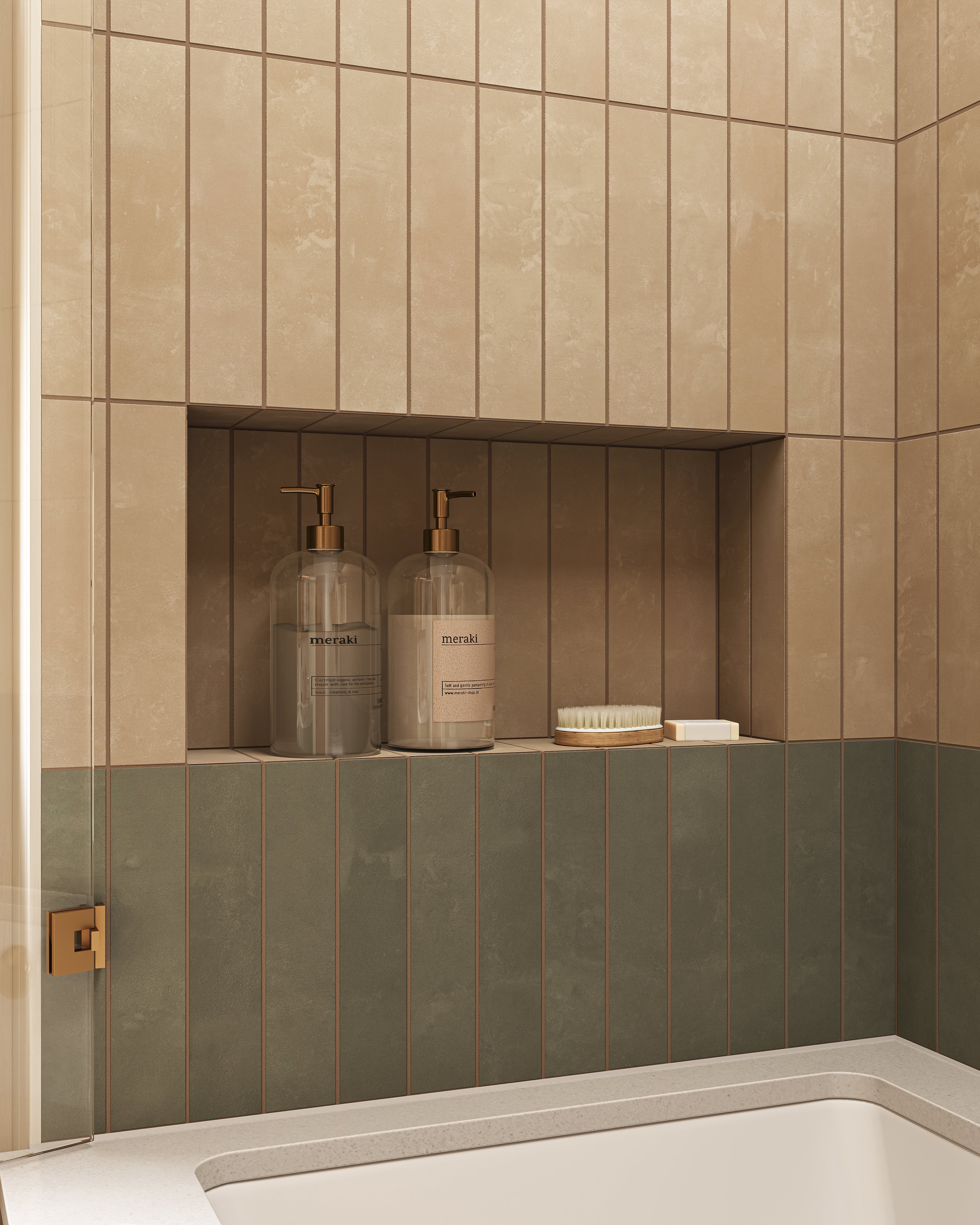 Soft sage green porcelain subway tiles define the lower tub surround and recessed niche, with gentle variation and warm grout grounding the bathroom in a relaxed, organic style.