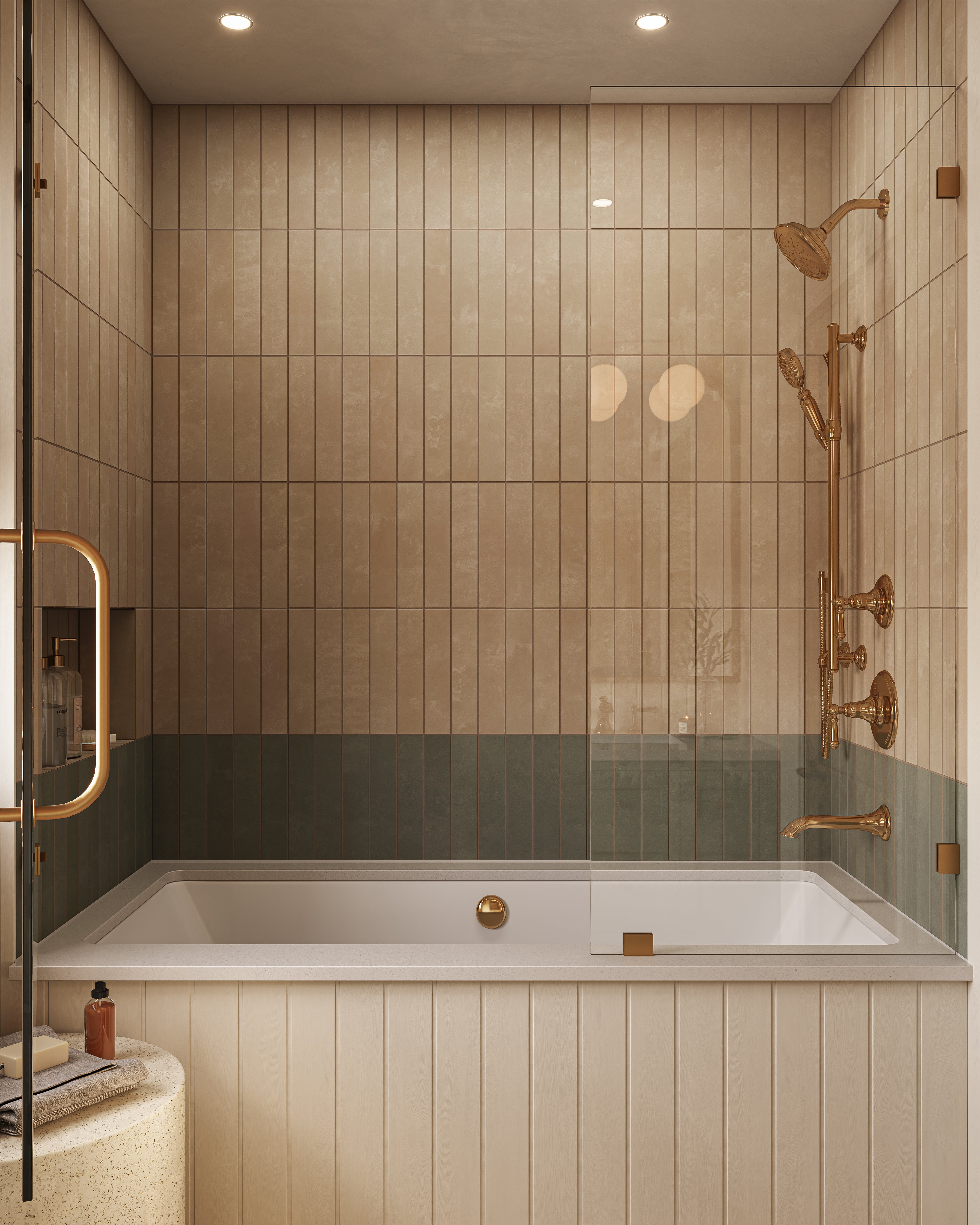 Soft beige vertical wall tiles and muted green accent tiles surround a bathtub, creating a calm bathroom space with warm tones and a clean, balanced look.