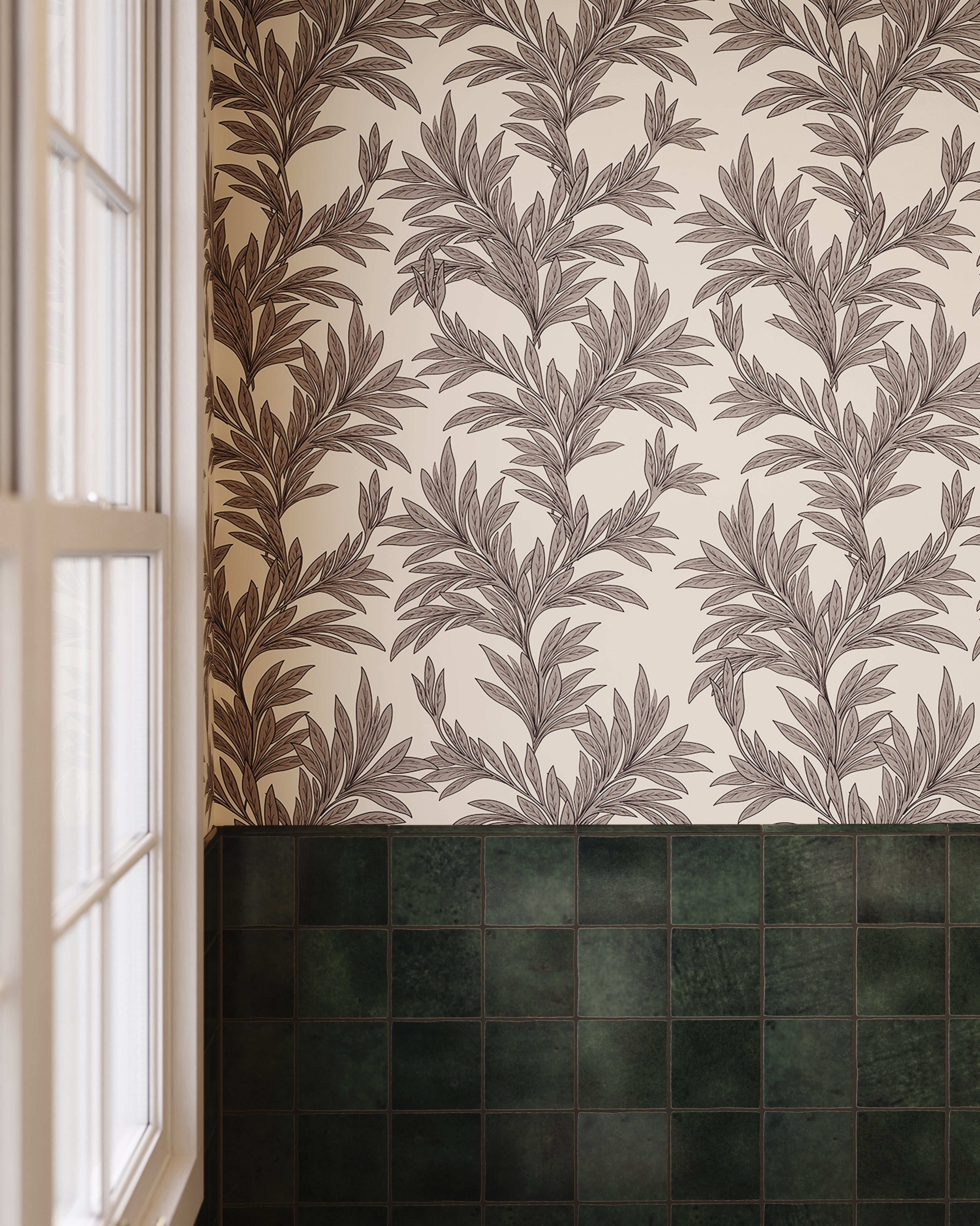 Black 4x4 ceramic wall tiles form a dramatic wall treatment, pairing a handcrafted glazed finish with layered tonal variation that complements the wallpaper's organic motif.