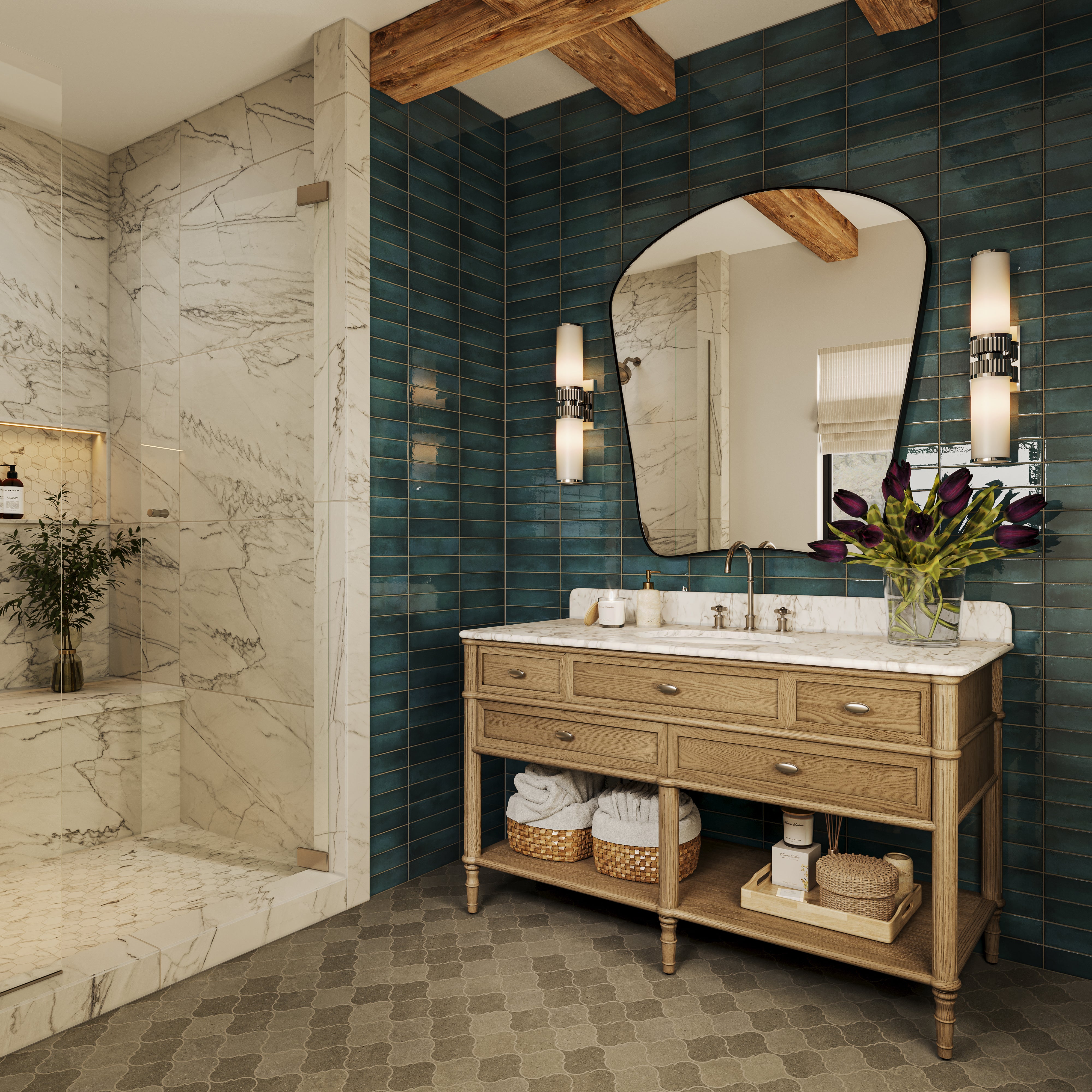 Shea 12x14.5 Matte Porcelain Arabesque Mosaic Tile in Cool Blend