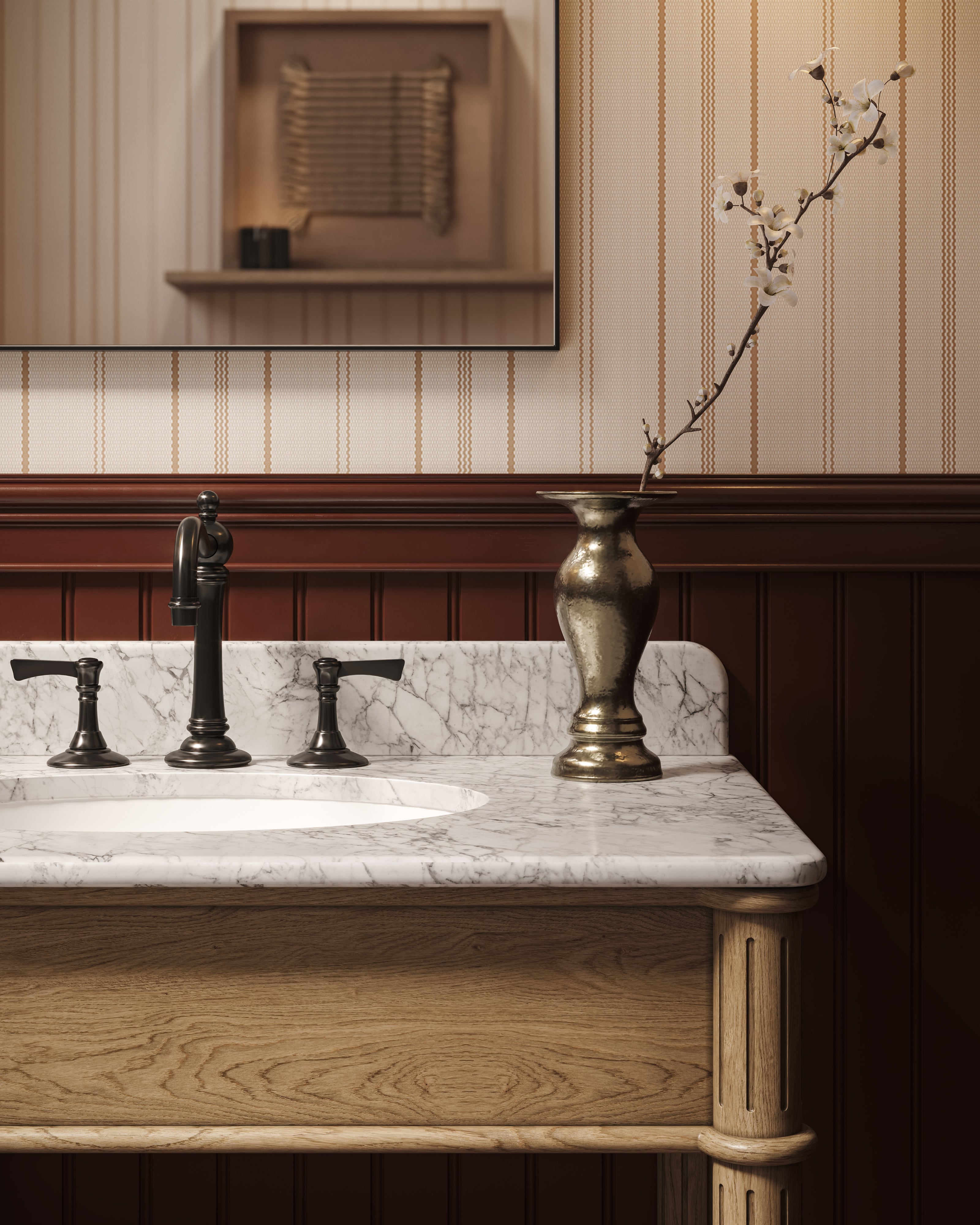 Margot 36" Washstand in Washed Blonde Veneer with Carrara Marble Top