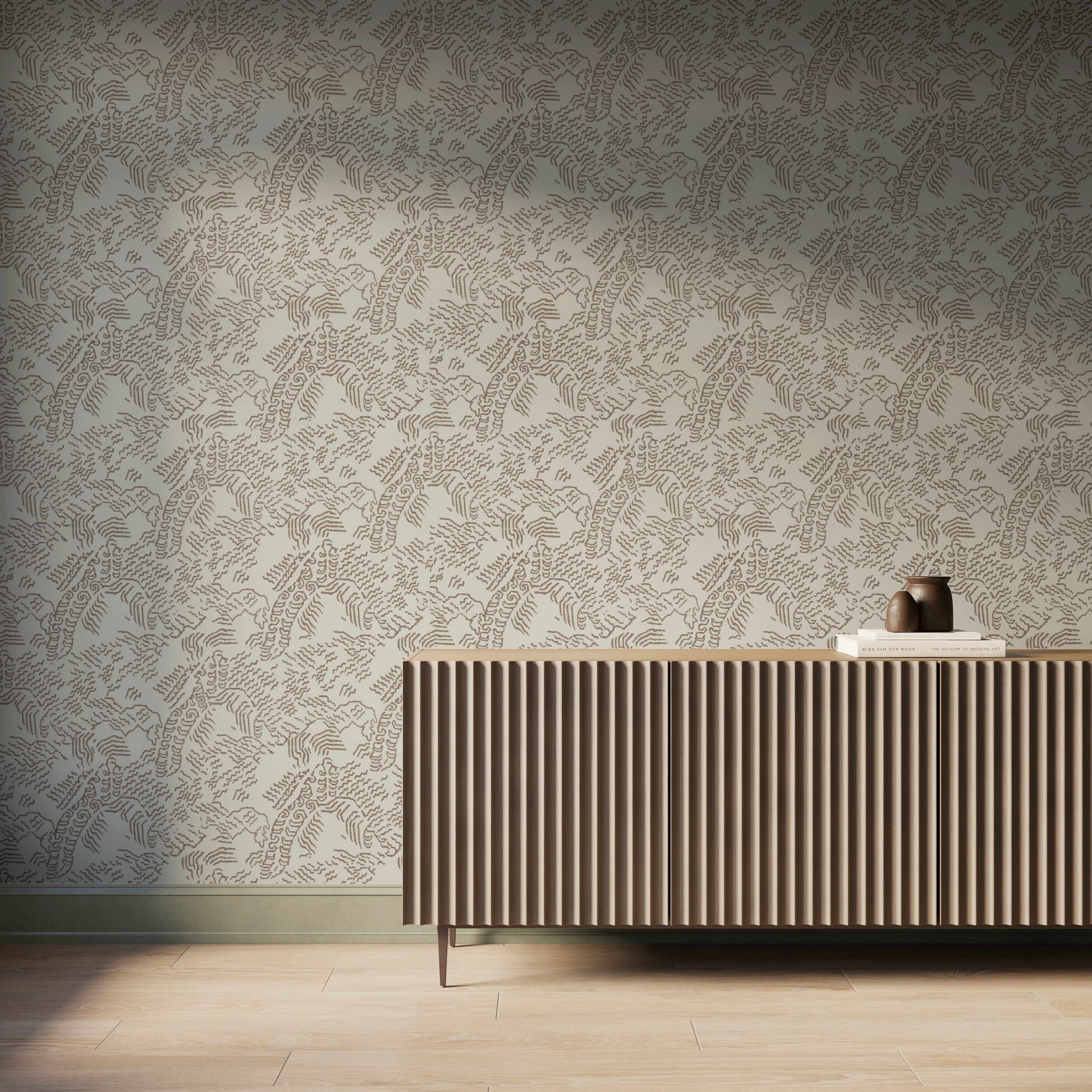 White abstract contour wallpaper with dark taupe topographic lines behind a modern ribbed wood console table.