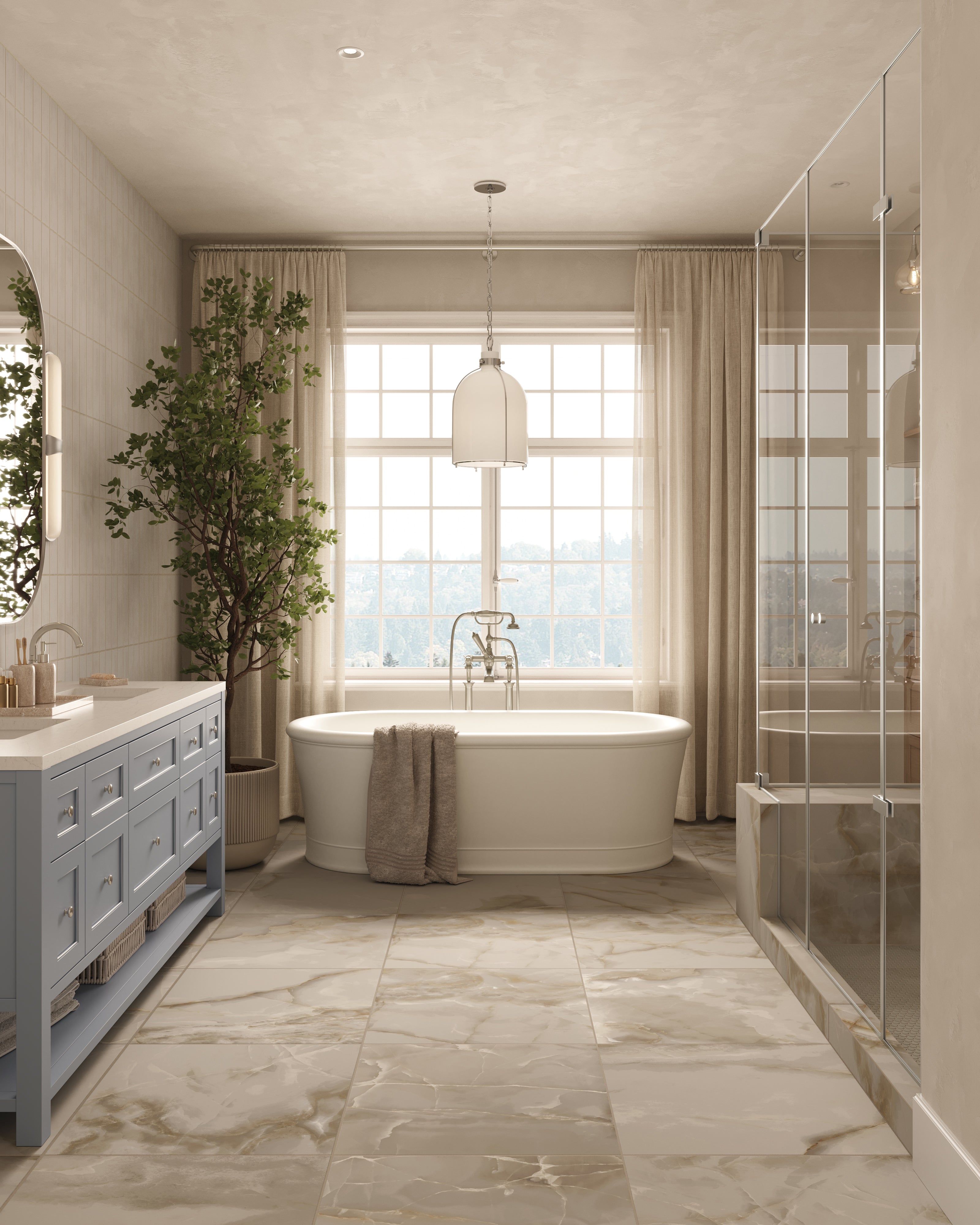 Bright bathroom with freestanding tub, polished nickel dome pendant light, marble tile floor, glass shower, and large window.