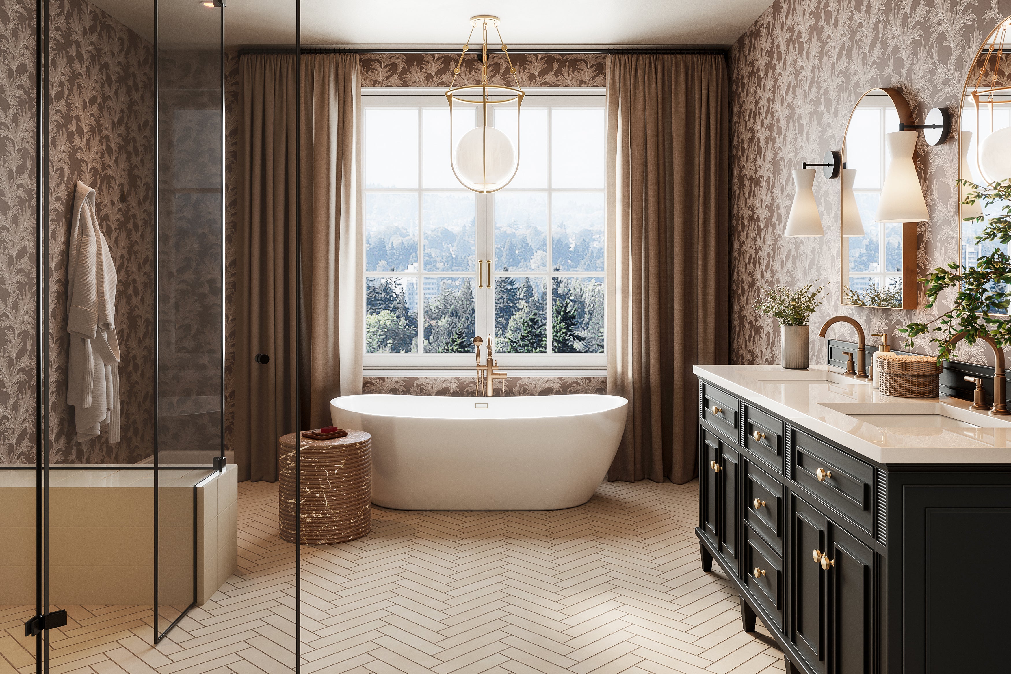 Dark taupe botanical wallpaper with off-white leafy branch pattern, styled in a bathroom with tub, shower, vanity, arched mirrors, sconces, pendant light, and herringbone subway tile flooring in beige.