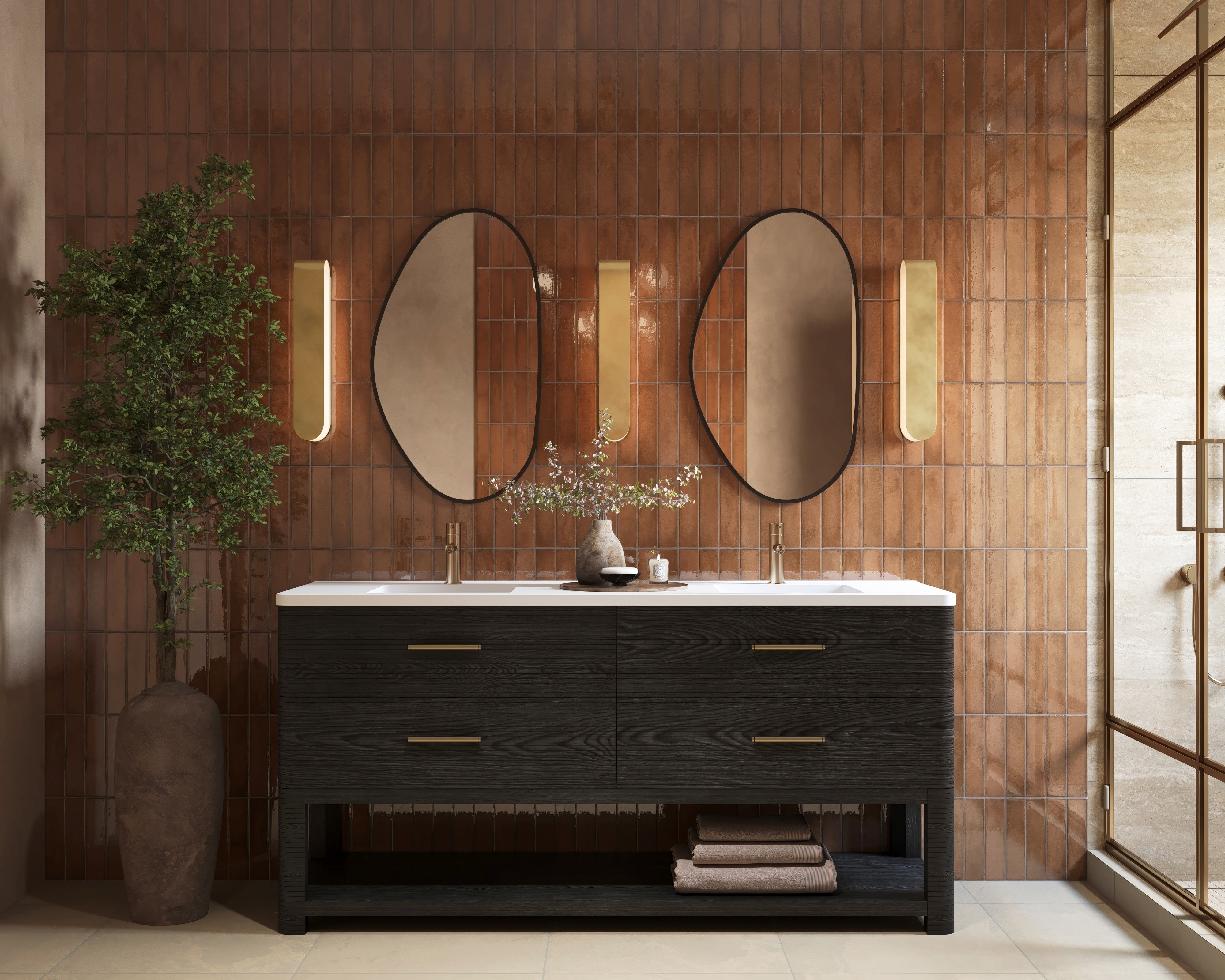 Paxton 72" Double Vanity in Carbon Oak with 3 cm White Zeus Quartz Top