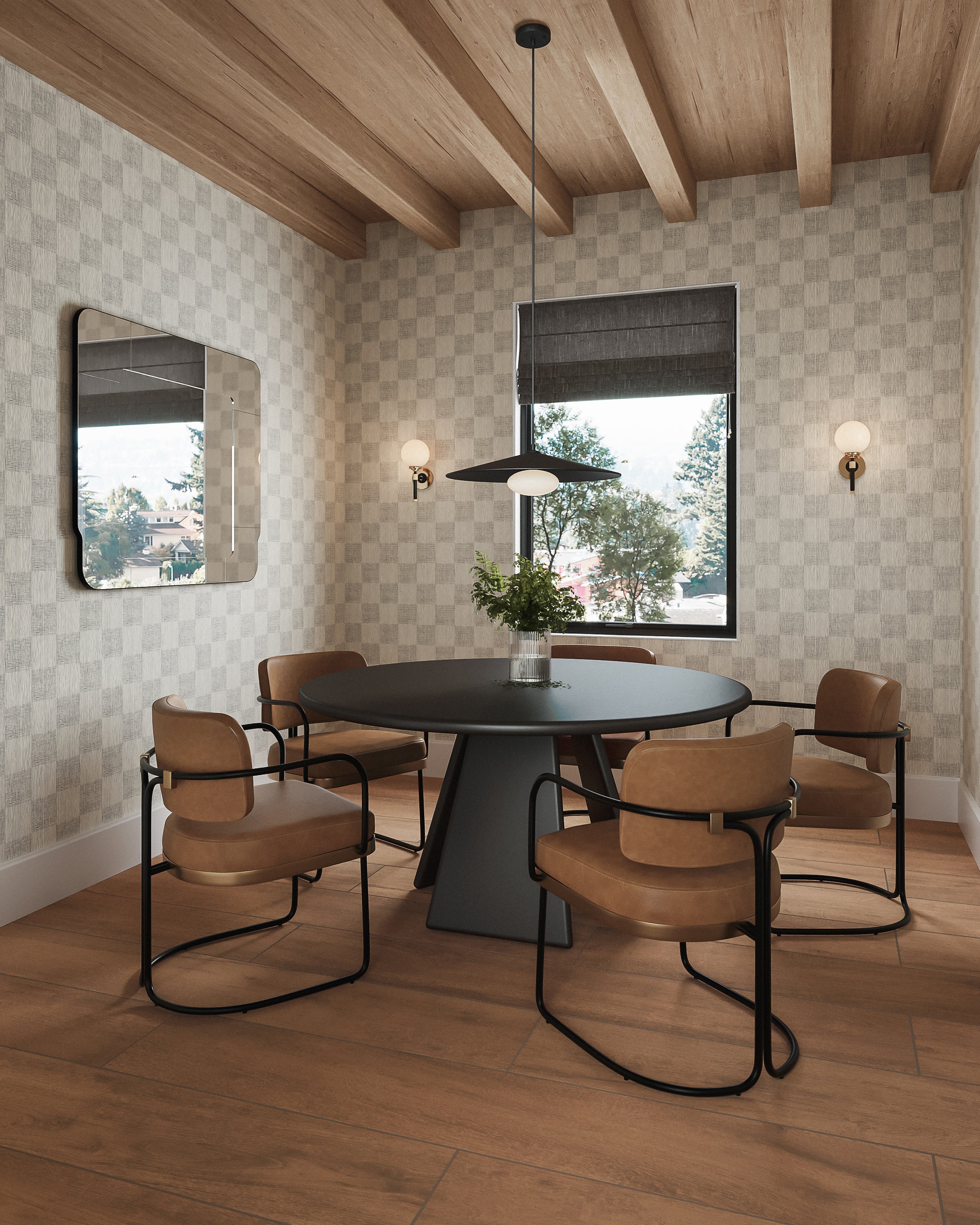Contemporary dining room with a black round pedestal table, four brown leather chairs with black metal frames, a modern black metal LED pendant light with white globe diffuser, wood beam ceiling, and checkered wallpaper.