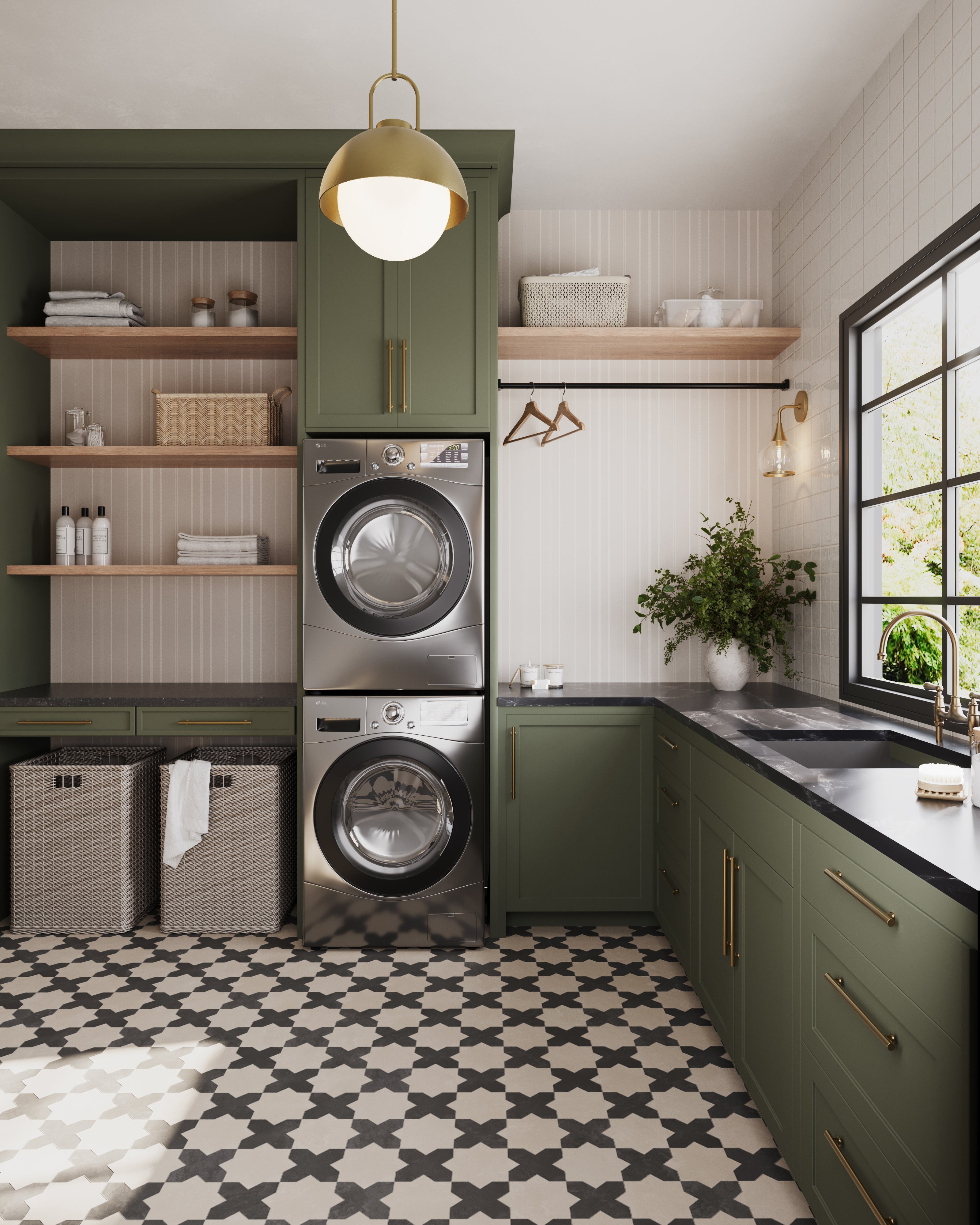 Aged gold dome pendant light with a matte opal glass globe illuminating a green laundry room interior.