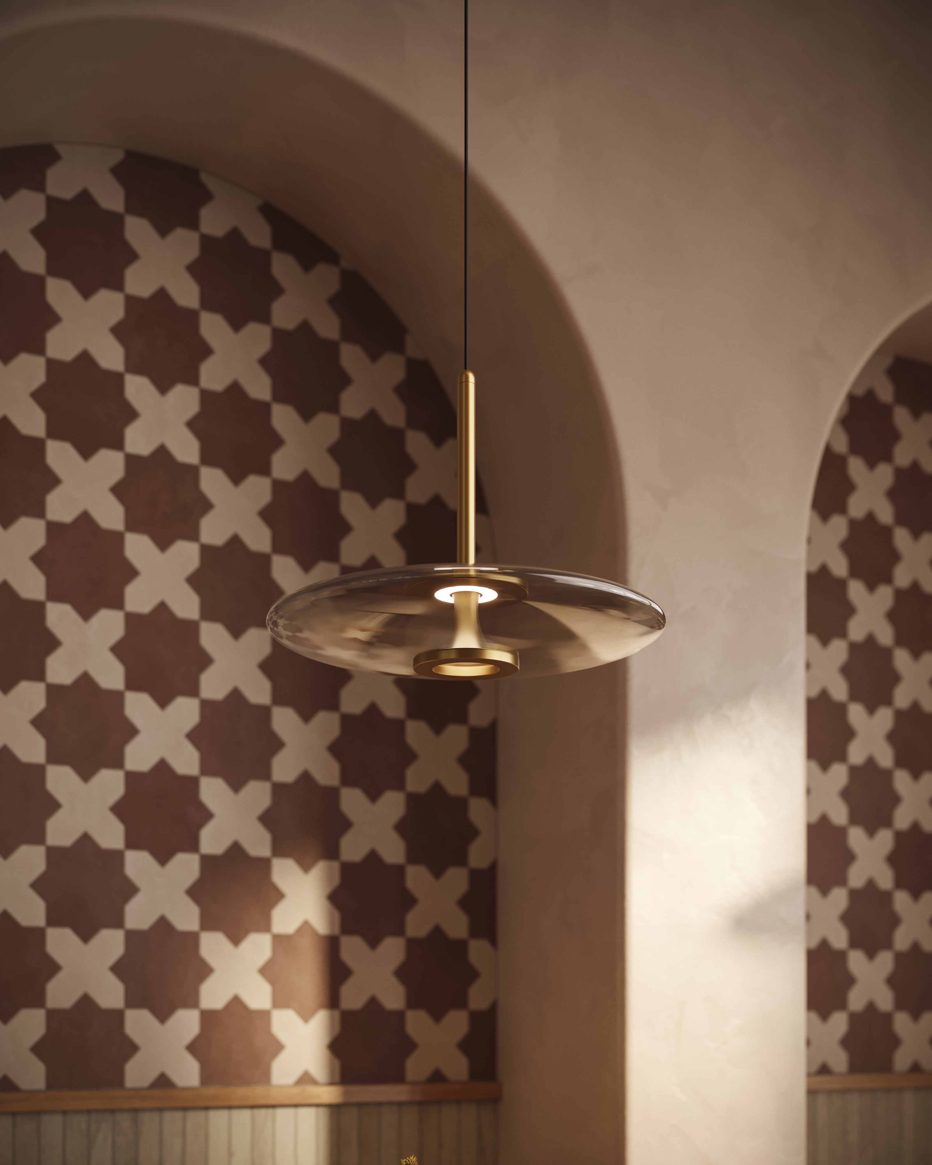 Adler 17" LED Pendant in Vintage Brass/Smoked Glass, Universal Voltage