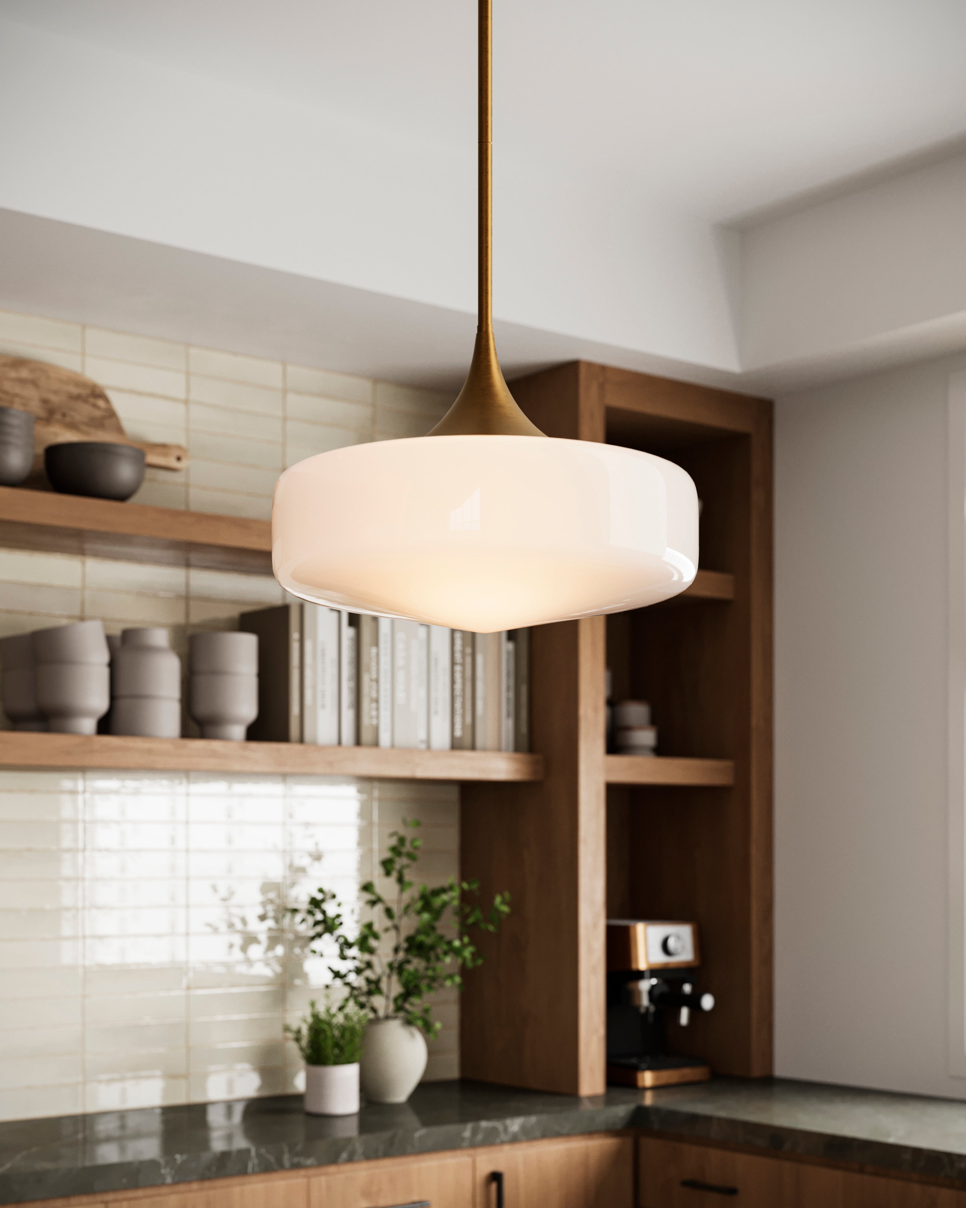 Lowen 14" 1 Light Pendant in Aged Gold/Glossy Opal Glass
