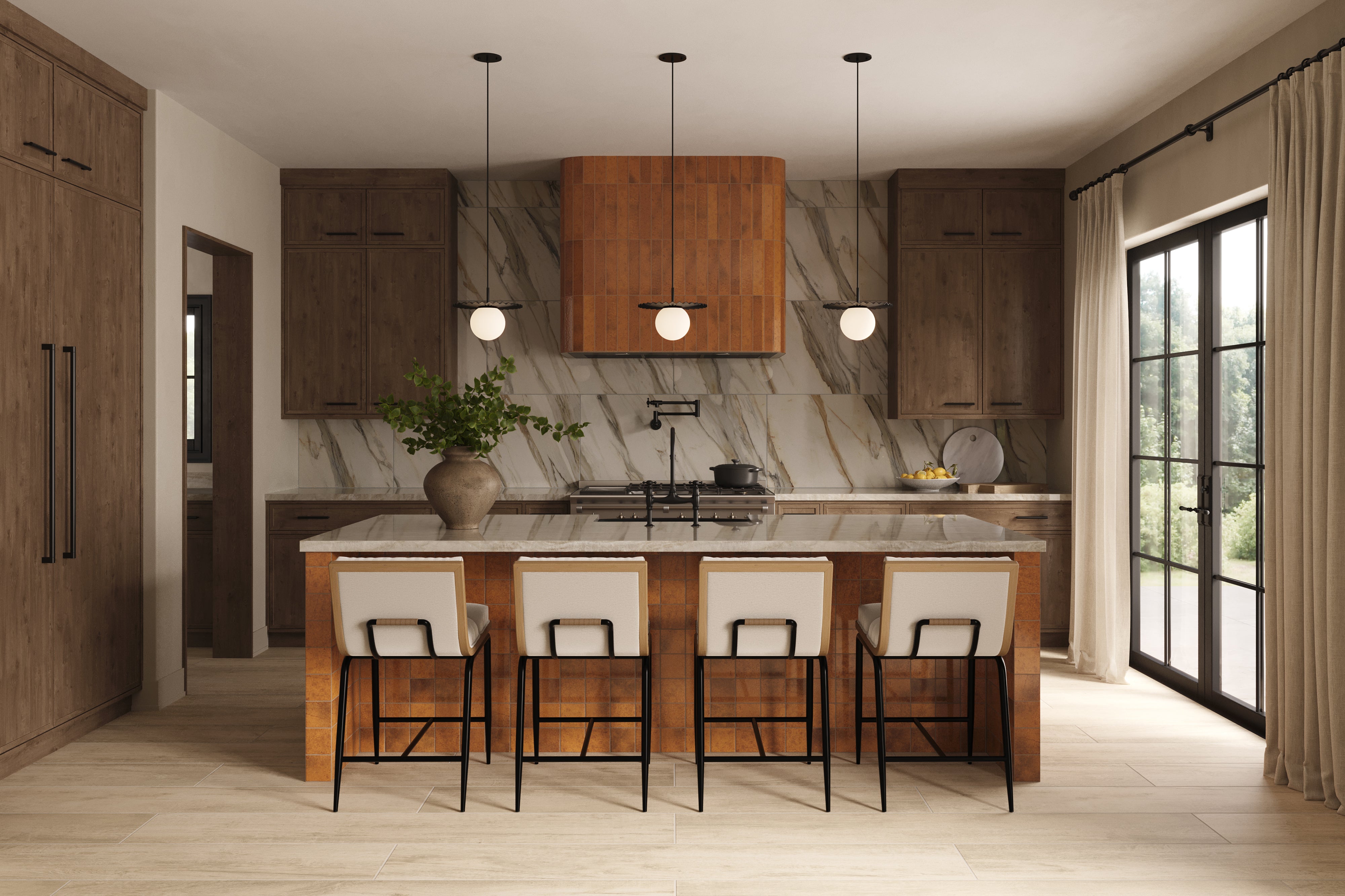 Warm brown 4x4 ceramic wall tiles define the island base and range hood surround, adding depth, organic variation, and a handcrafted feel alongside natural wood cabinetry and stone-look surfaces.
